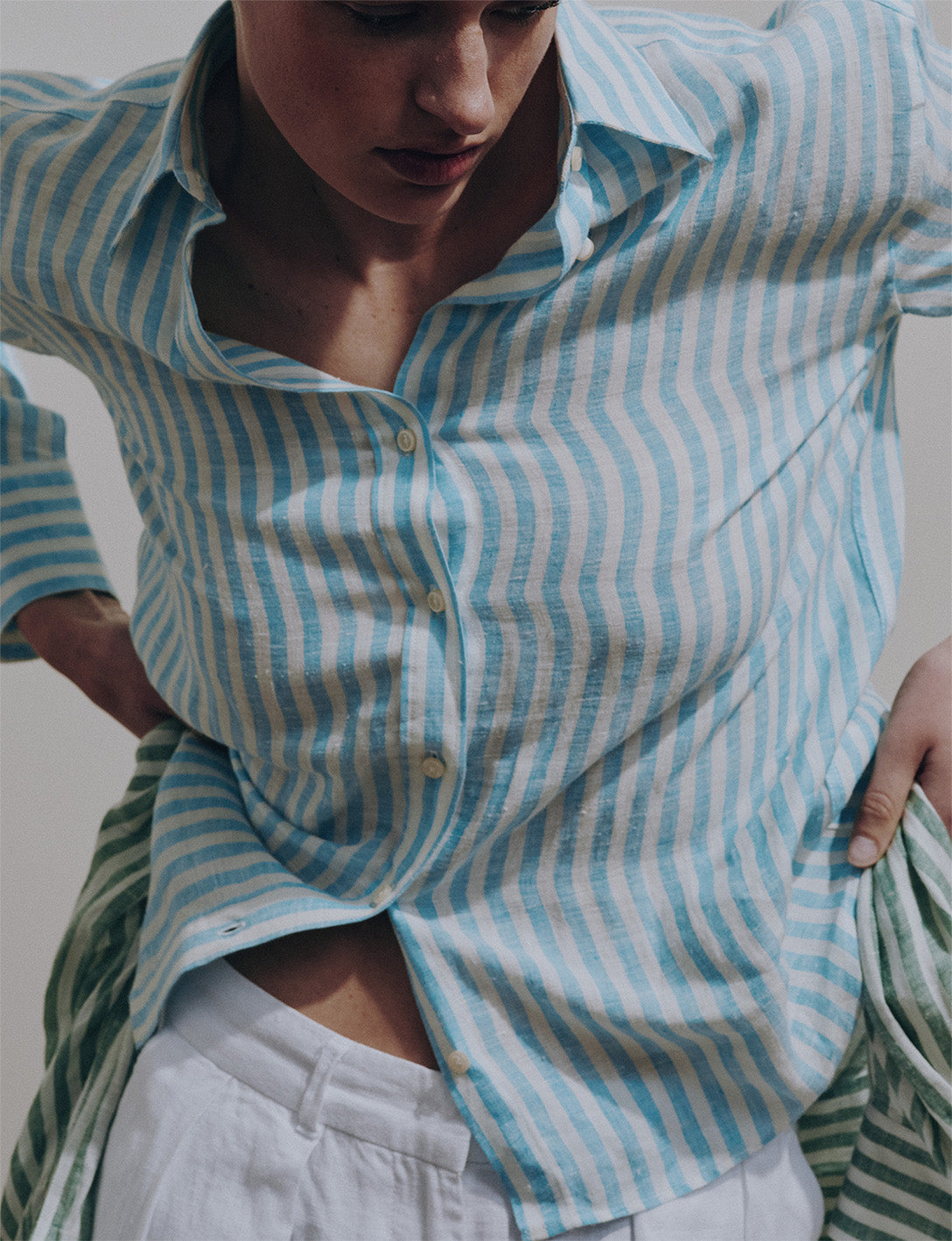Chemise Ambre rayée en lin turquoise - Lin - Col Chemise