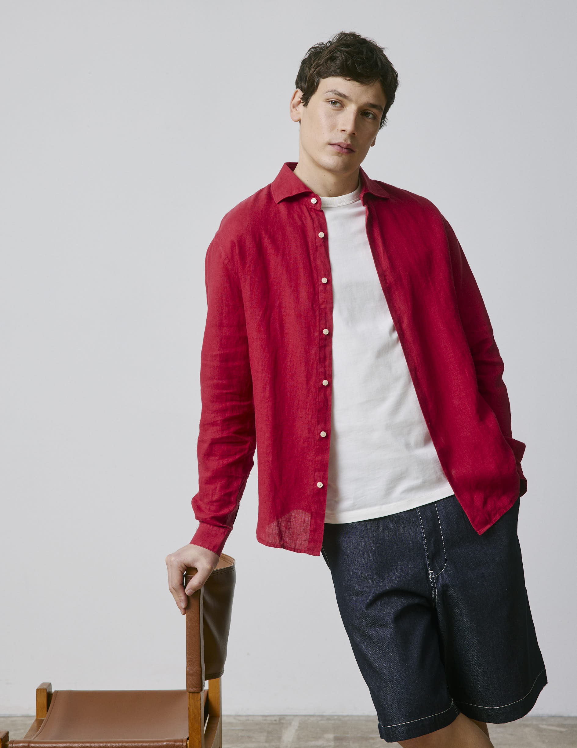 Chemise Aristote en lin rouge - Lin - Col Italien