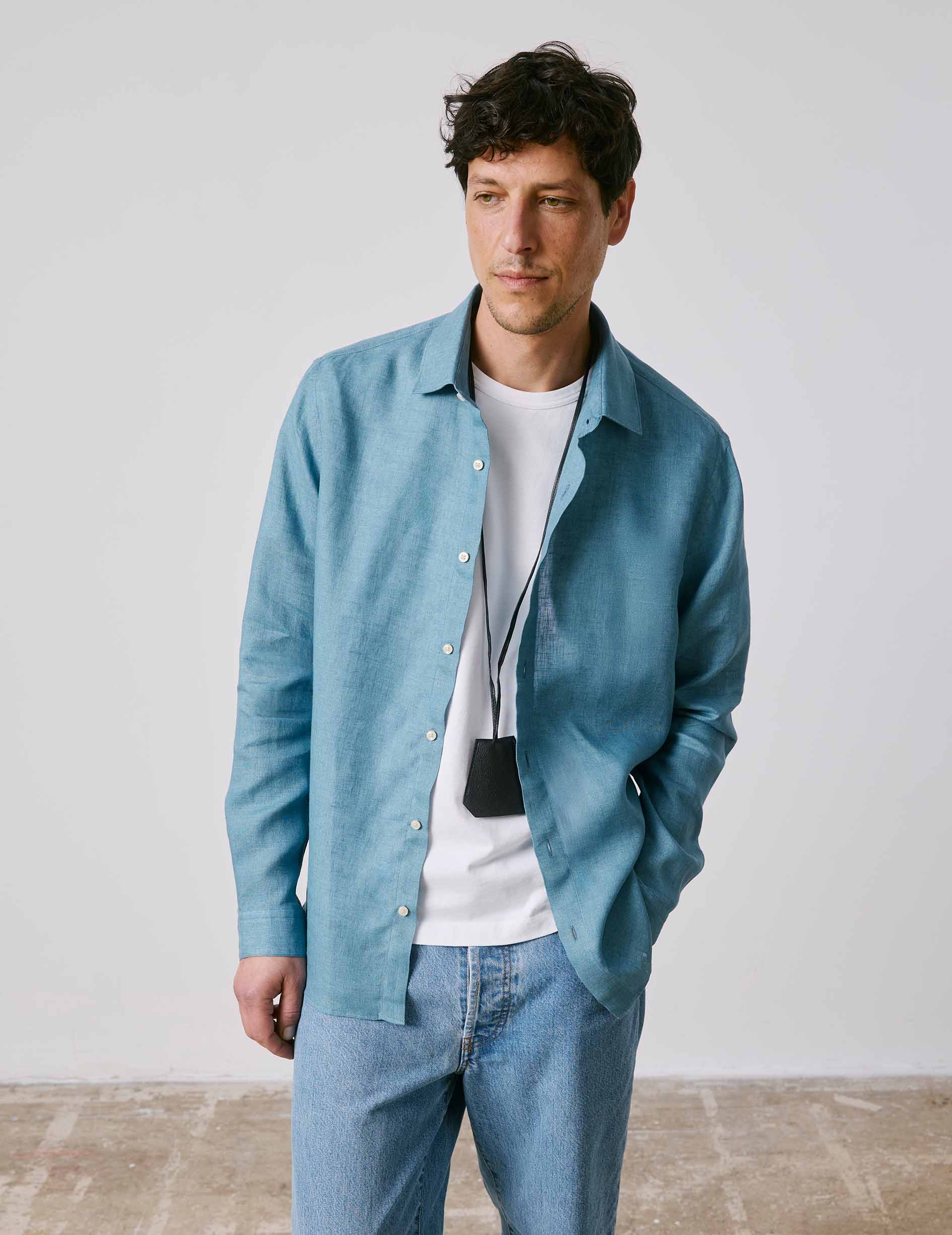 Blue linen Auguste shirt - Lin - Français Collar