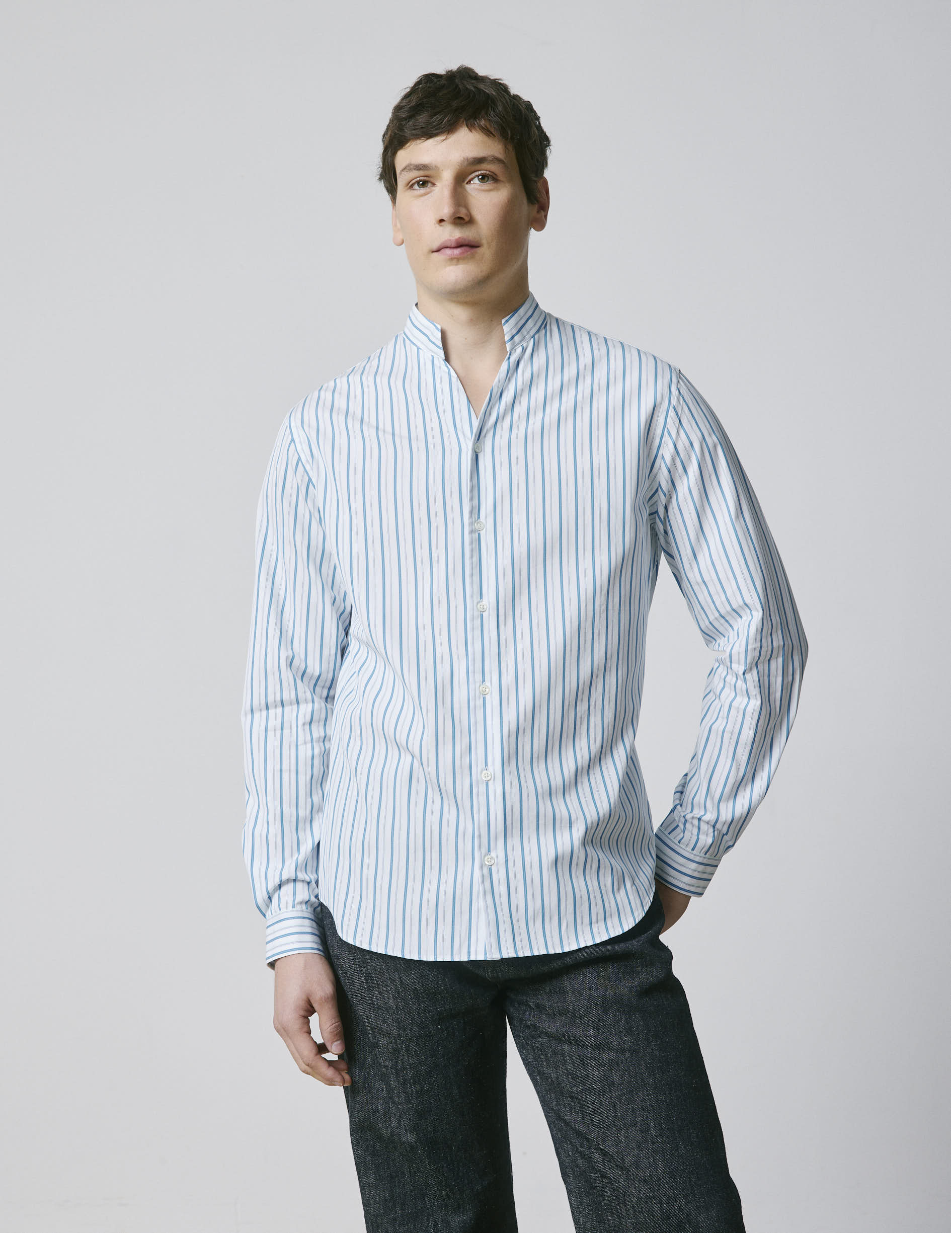 Striped blue Carl shirt - Popeline - droit ouvert Collar