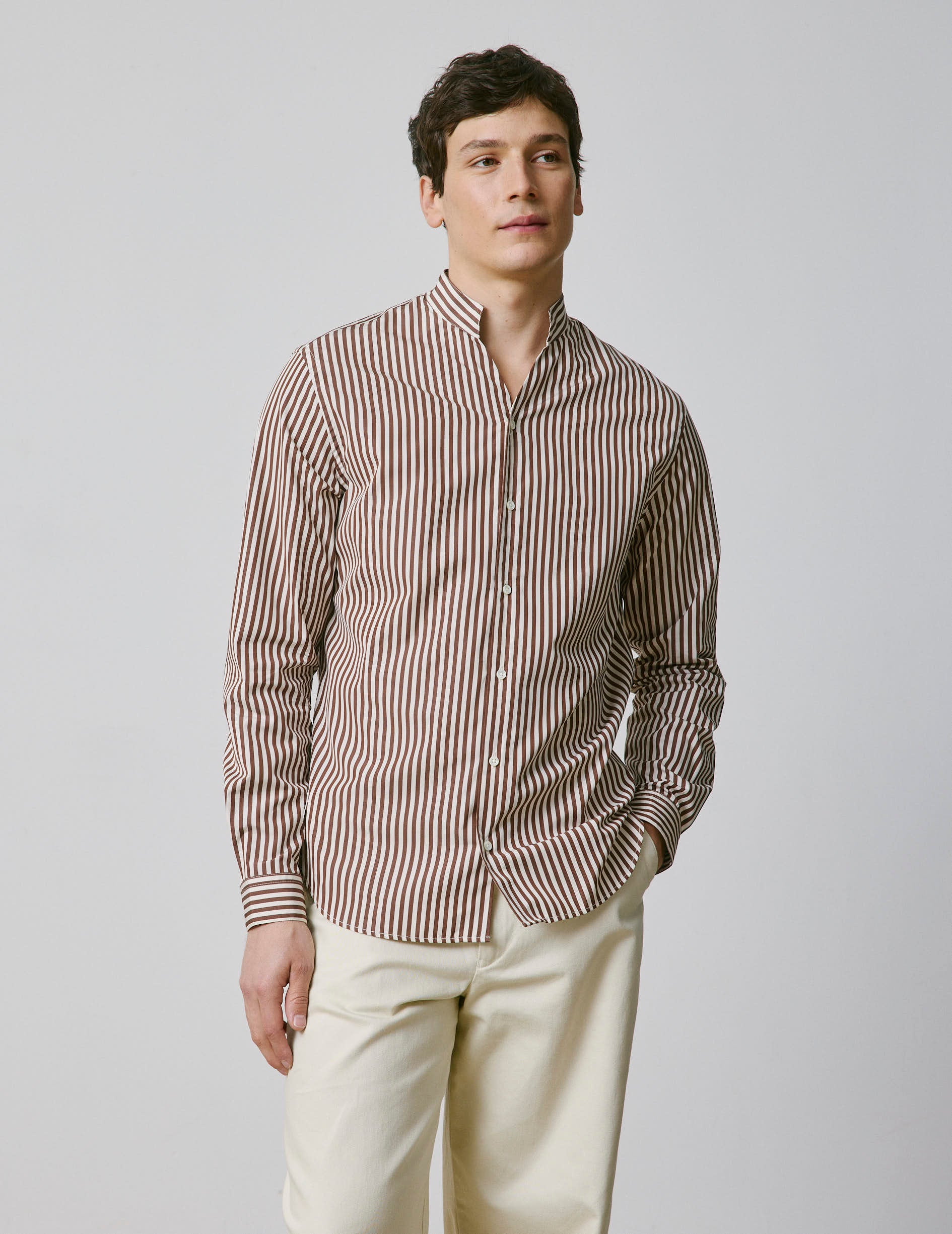 Striped brown Carl shirt - Popeline - droit ouvert Collar