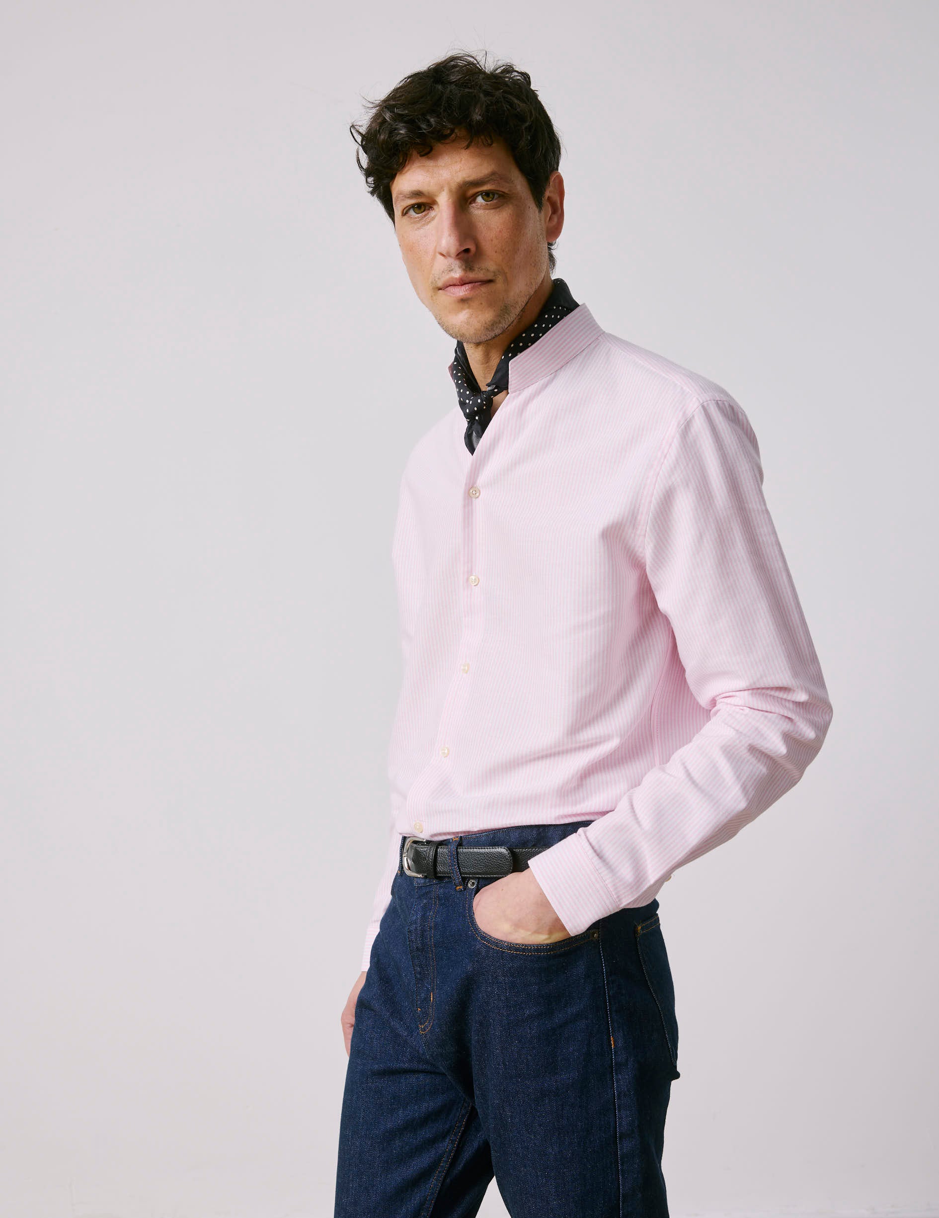Chemise Carl rayée rose - Oxford - Col droit ouvert