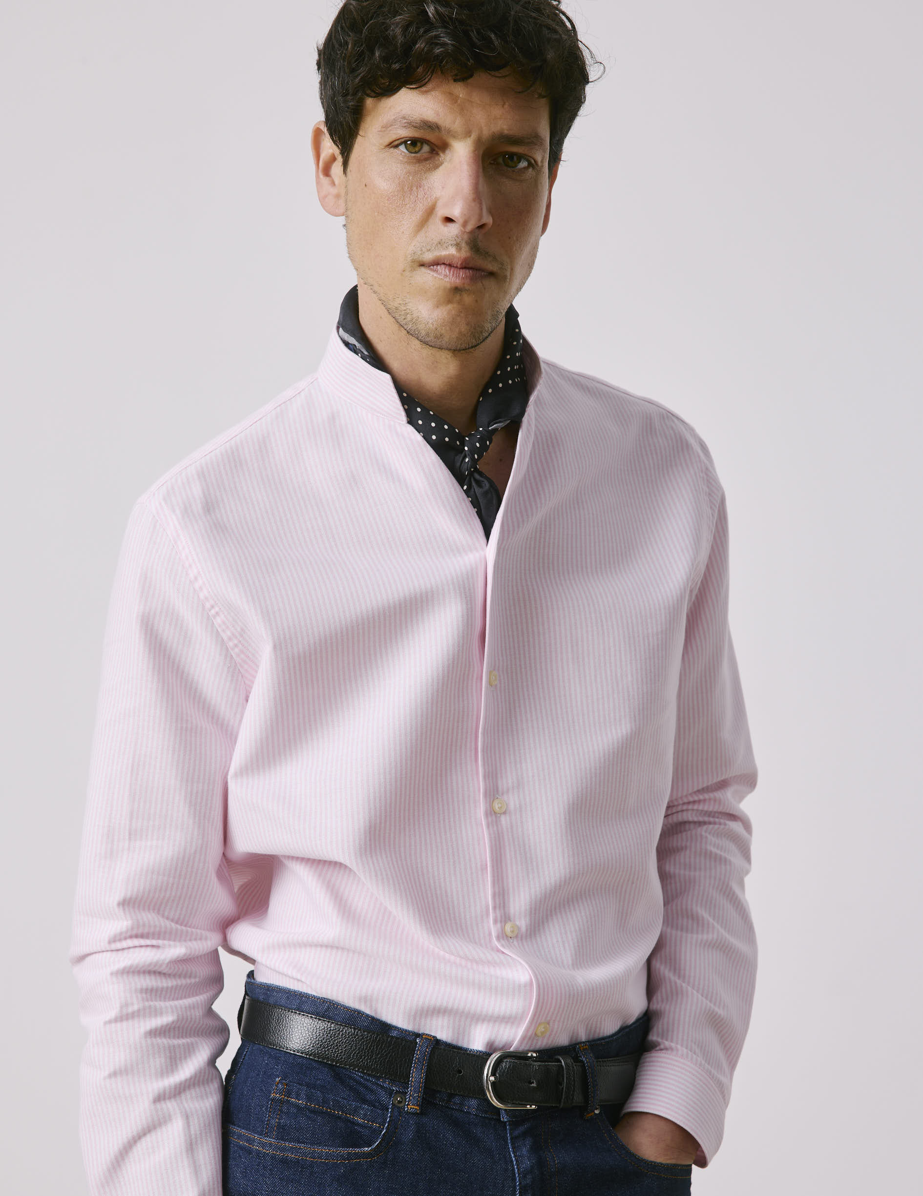 Chemise Carl rayée rose - Oxford - Col droit ouvert