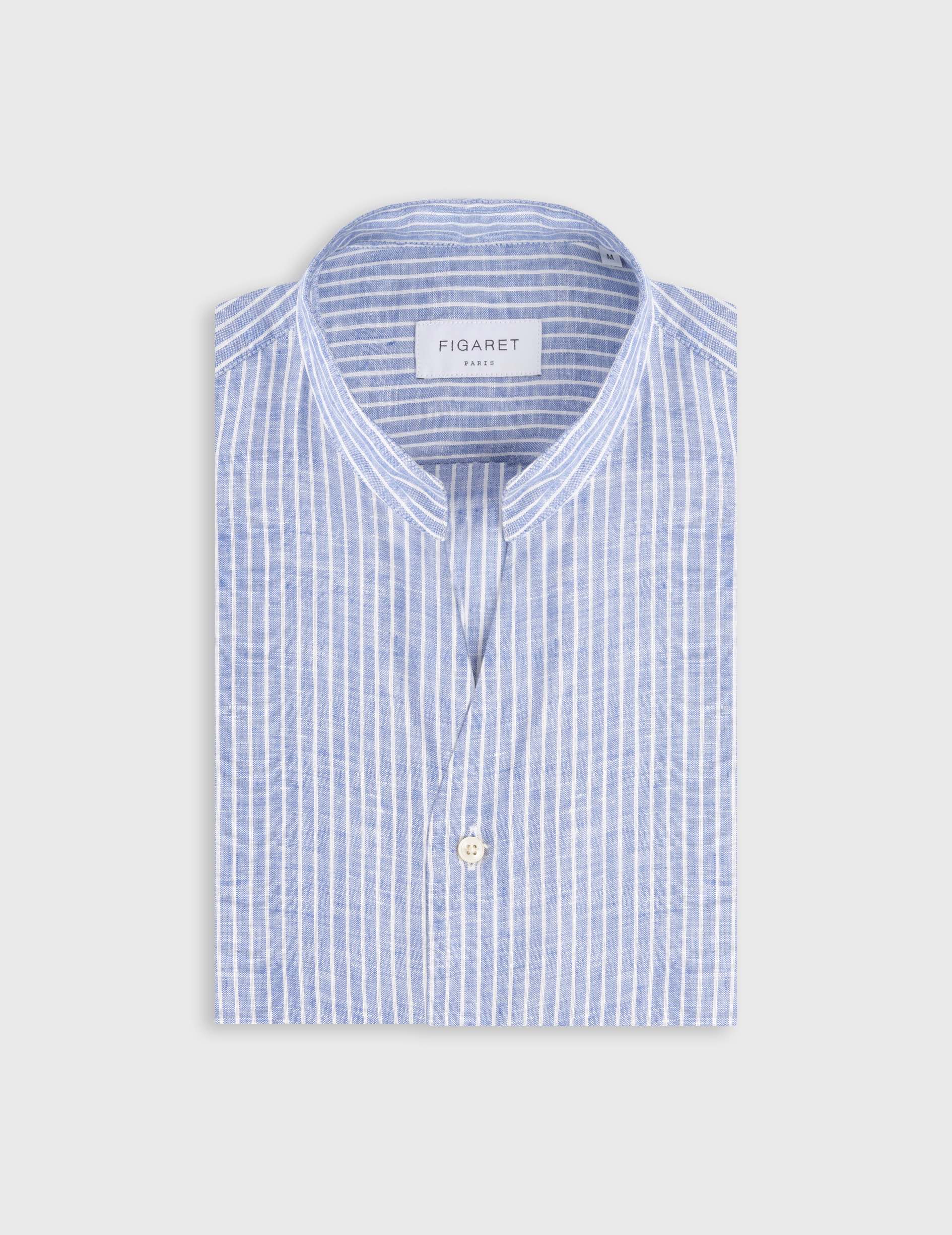 Chemise Carl en lin rayé bleu - Lin - Col droit ouvert