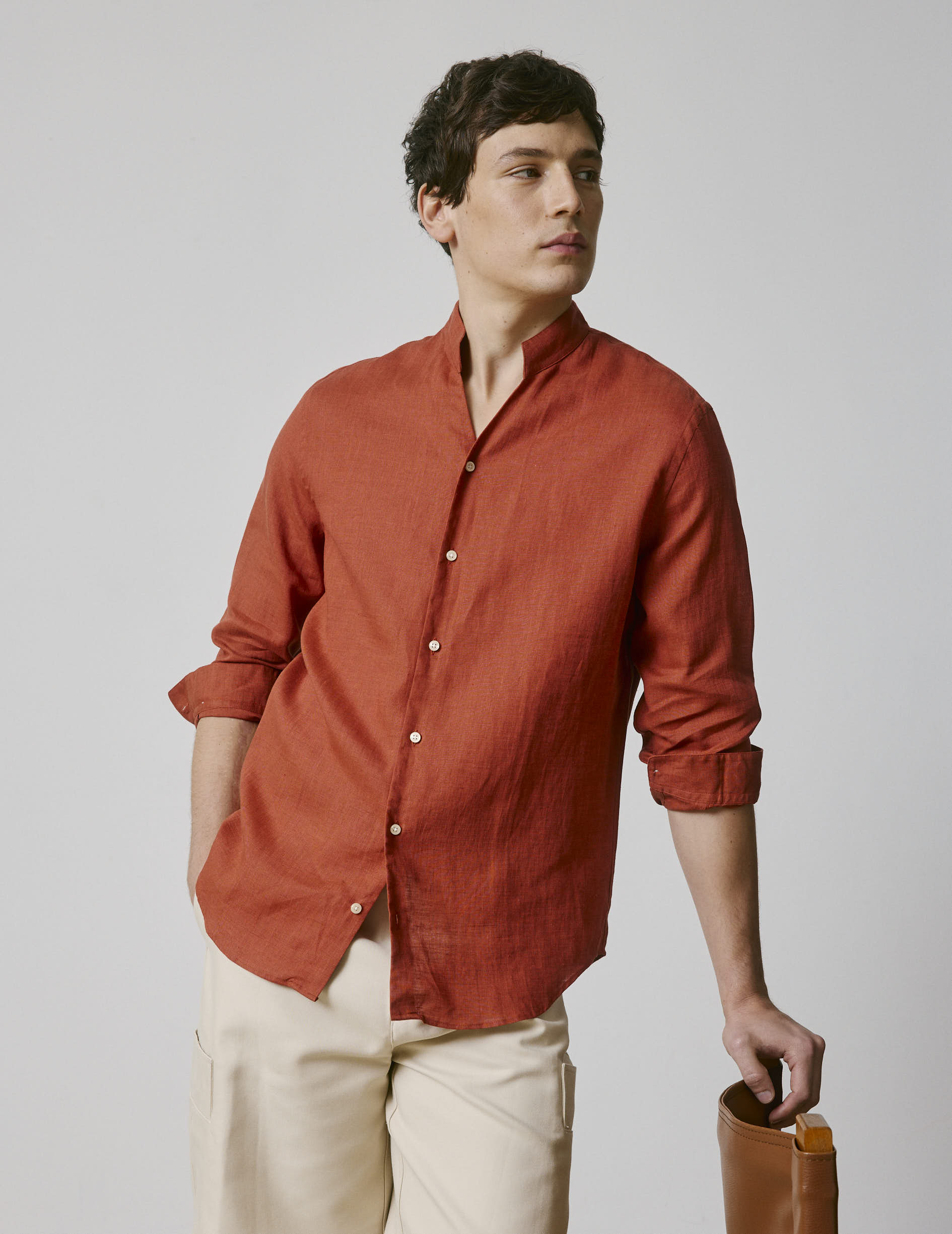 Rust linen Carl shirt - Lin - droit ouvert Collar