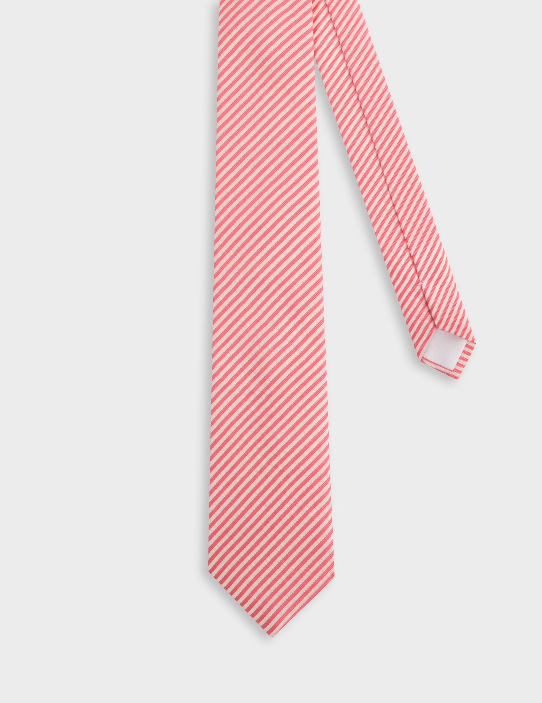 Cravate en coton et en soie seersucker rayée rose - Seersucker