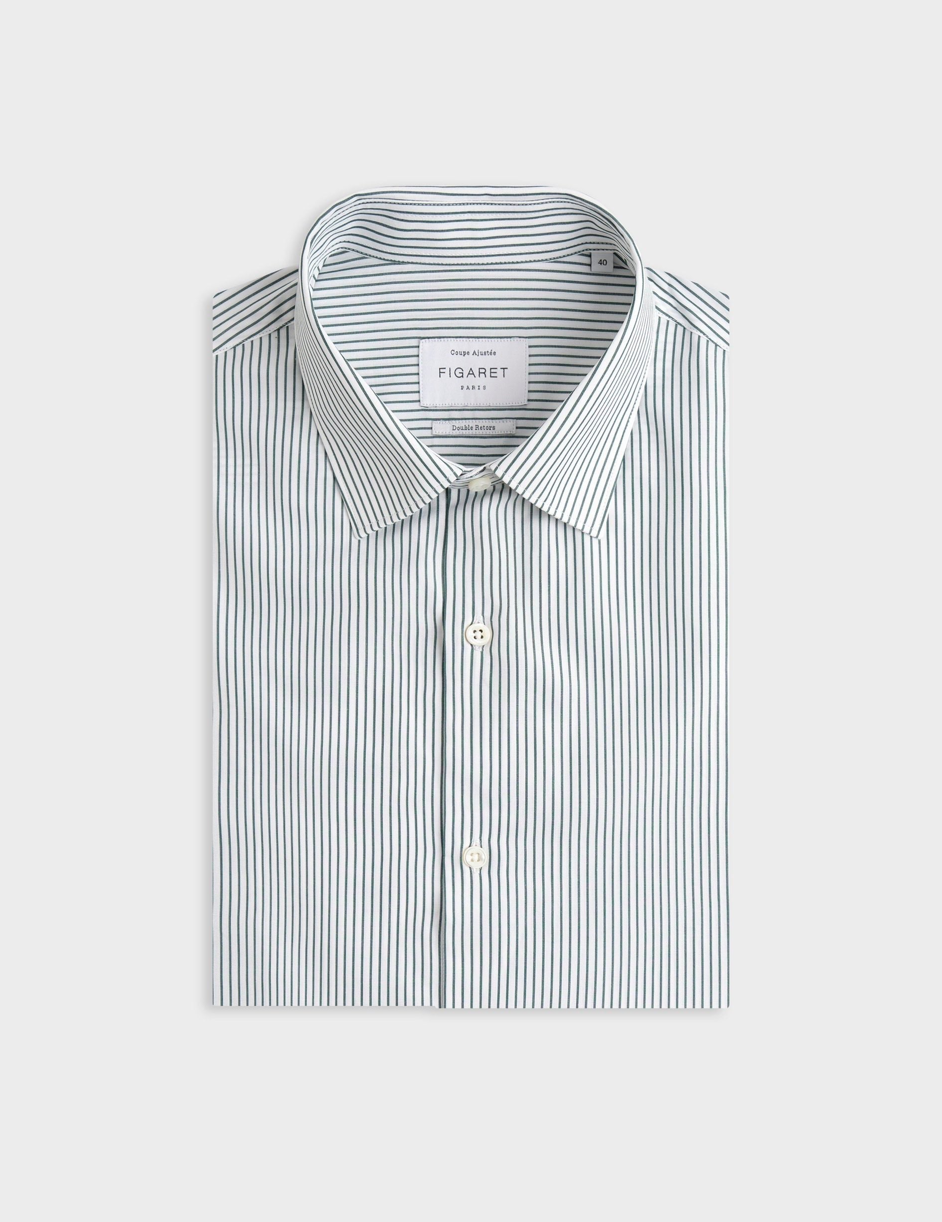 Chemise ajustée rayée verte - Popeline - Col Figaret - Poignets Mousquetaires