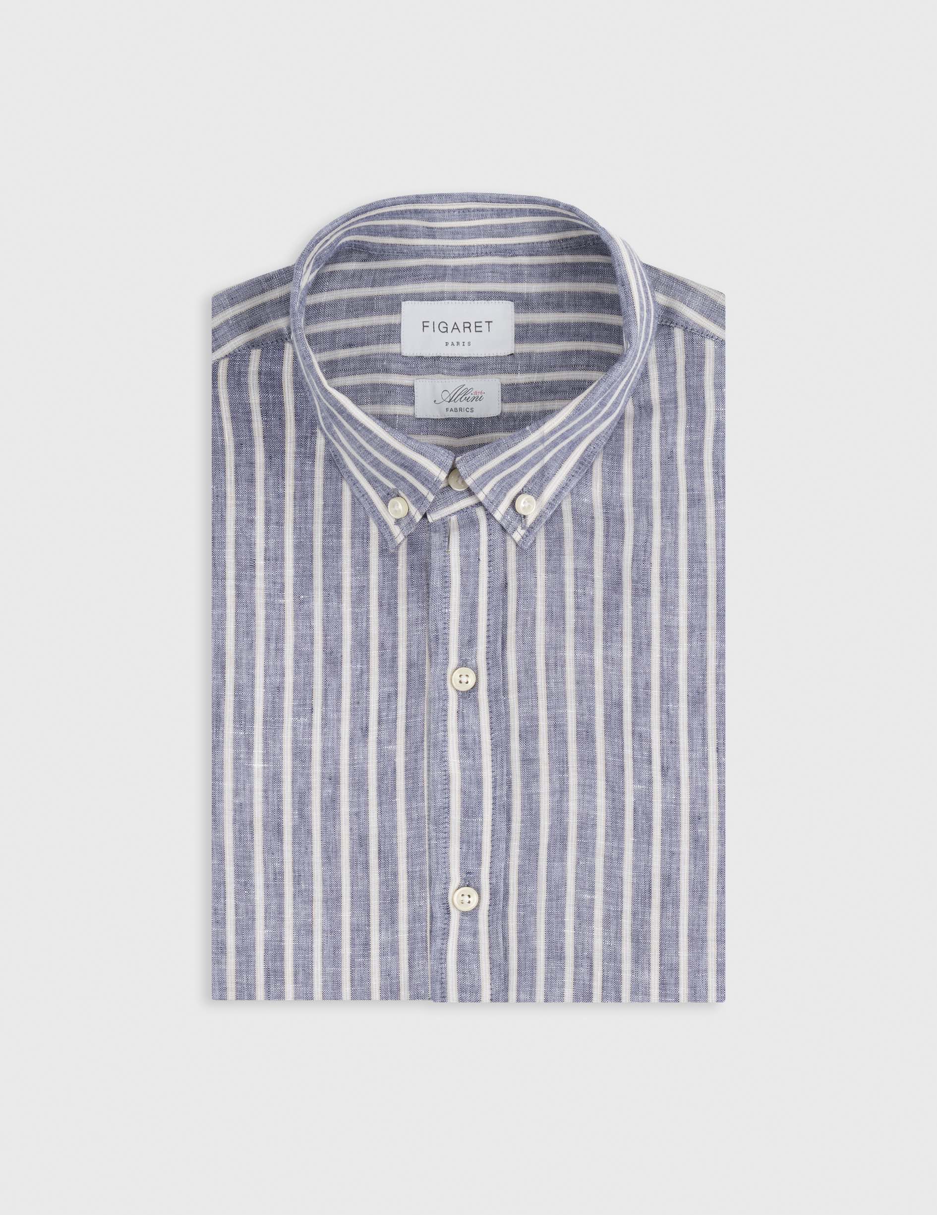 Chemise Gaspard en lin rayé bleu - Lin - Col Américain