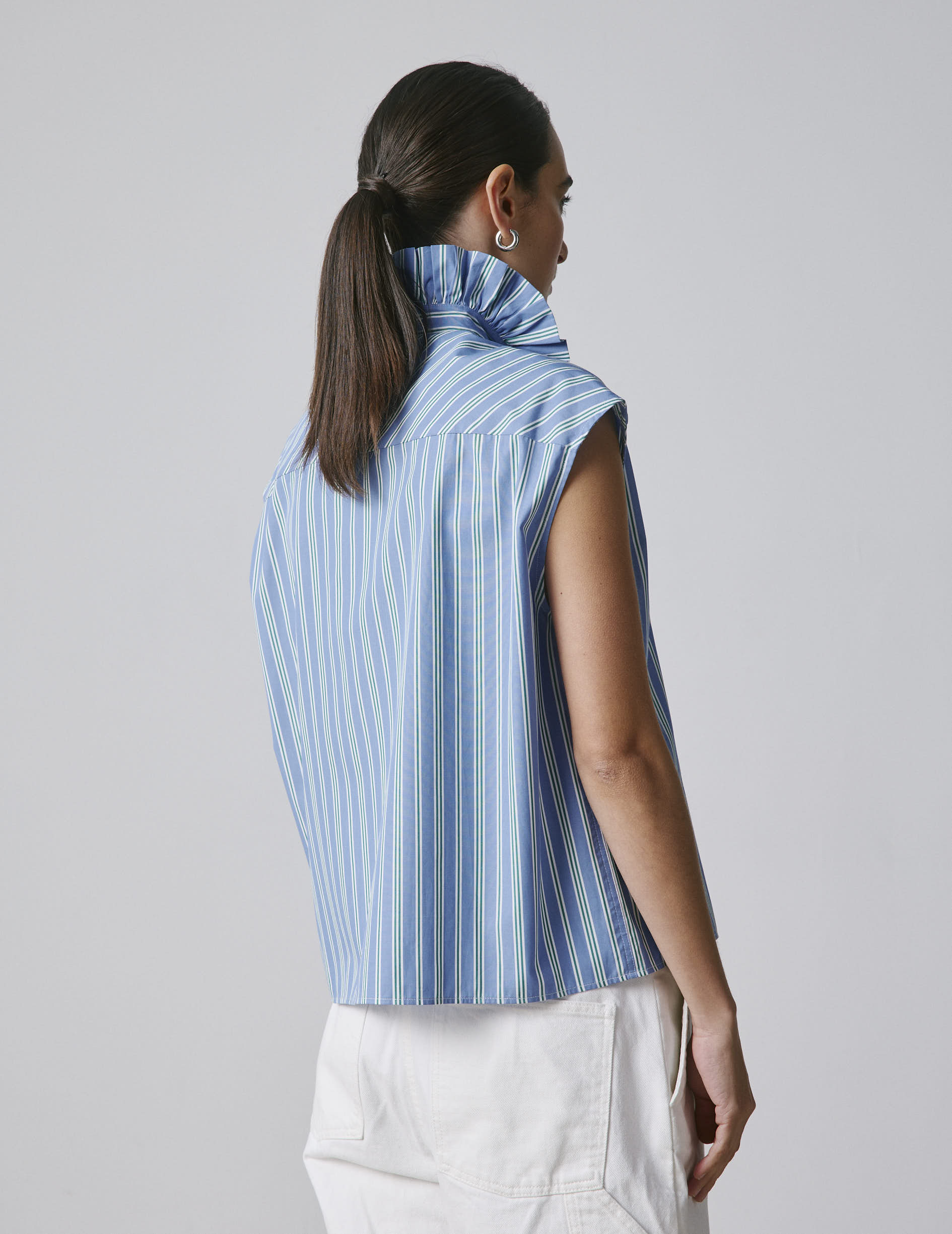 Chemise Gretie rayée bleue - Popeline - Col Victorien