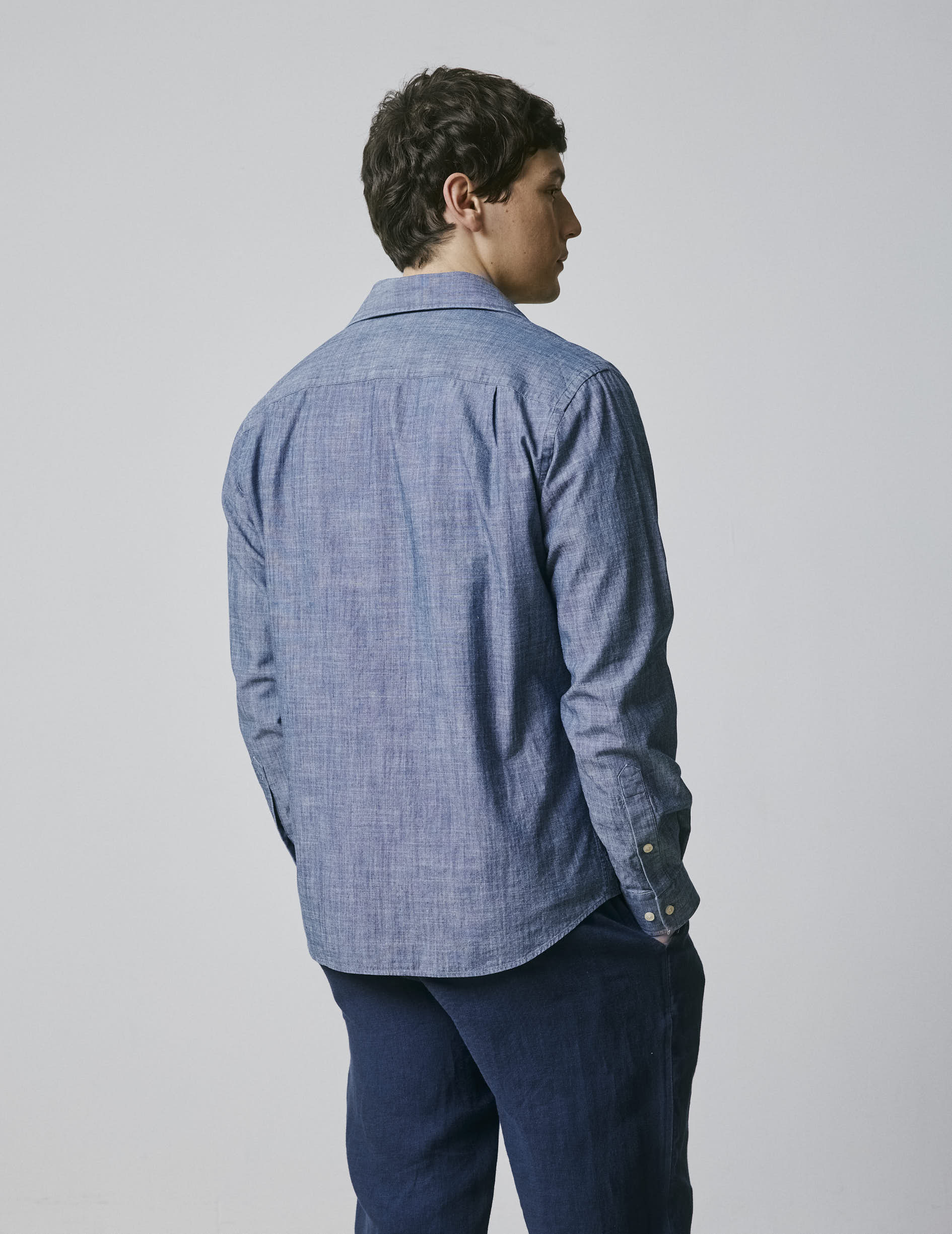 Chemise mixte Guéthary bleue - Chambray - Col Chemise sans pied de col