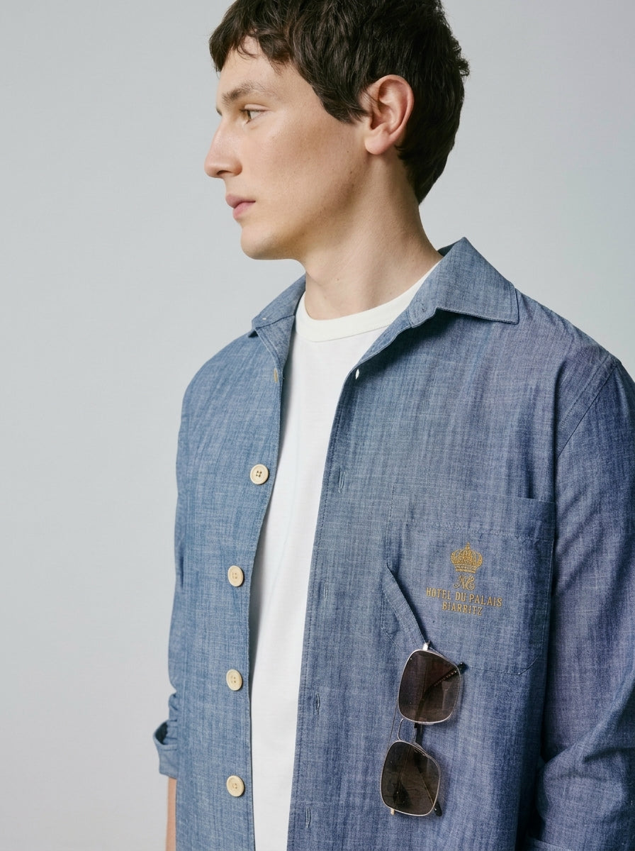 Chemise mixte Guéthary bleue - Chambray - Col Chemise sans pied de col