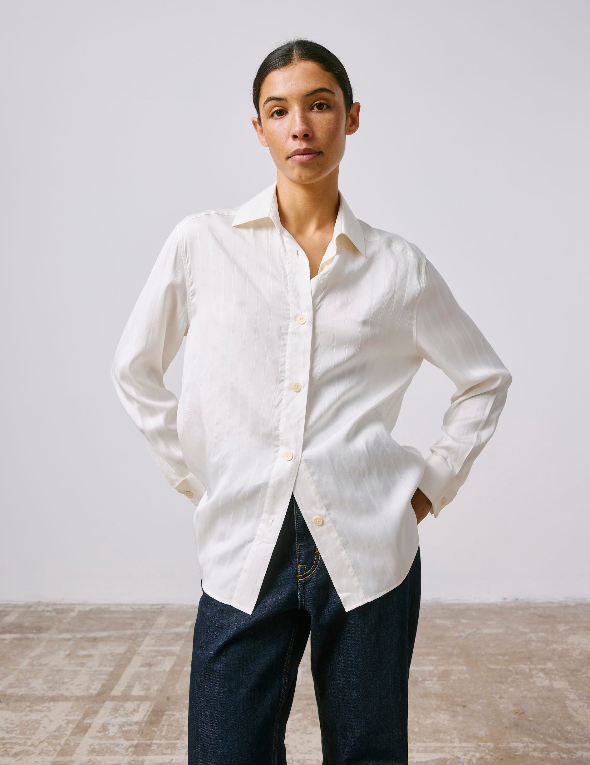 Striped ecru silk Hannah shirt - Silk - Shirt Collar - French Cuffs