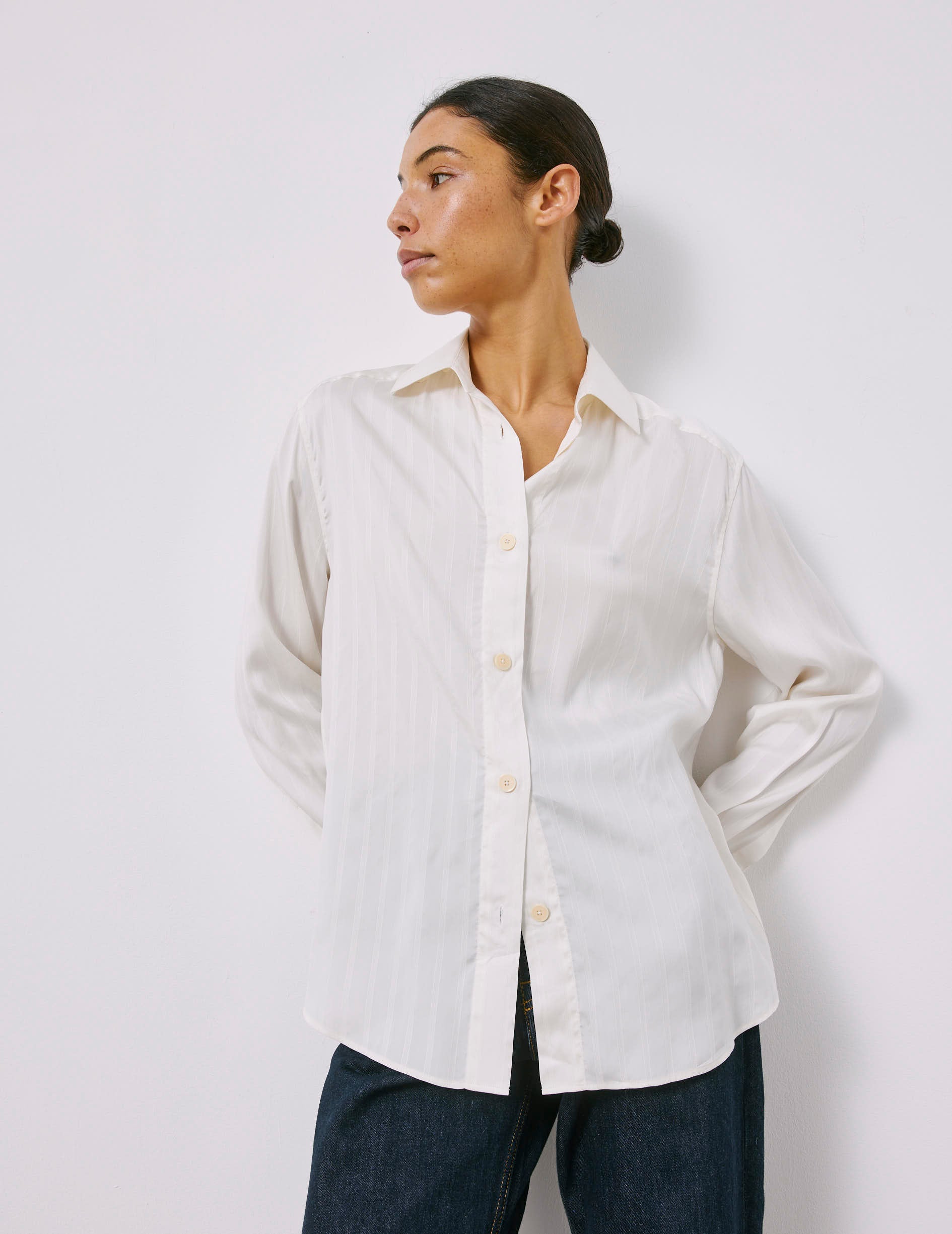 Striped ecru silk Hannah shirt - Silk - Shirt Collar - French Cuffs