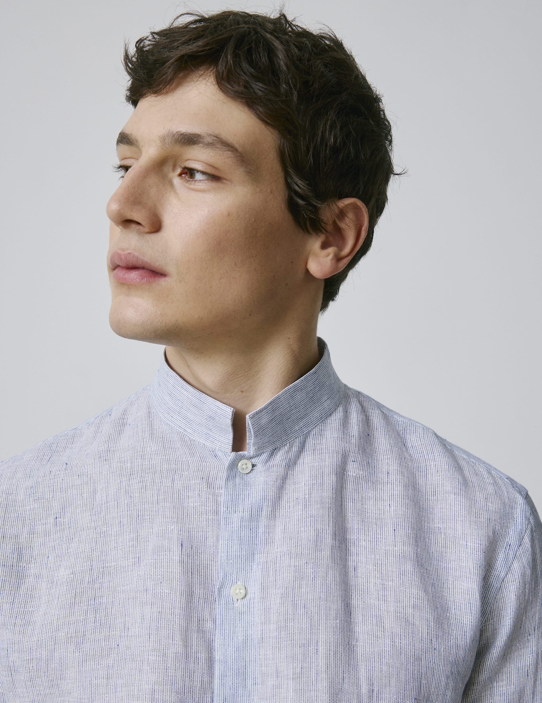 Striped navy linen semi-fitted shirt - Linen - Reverse Collar