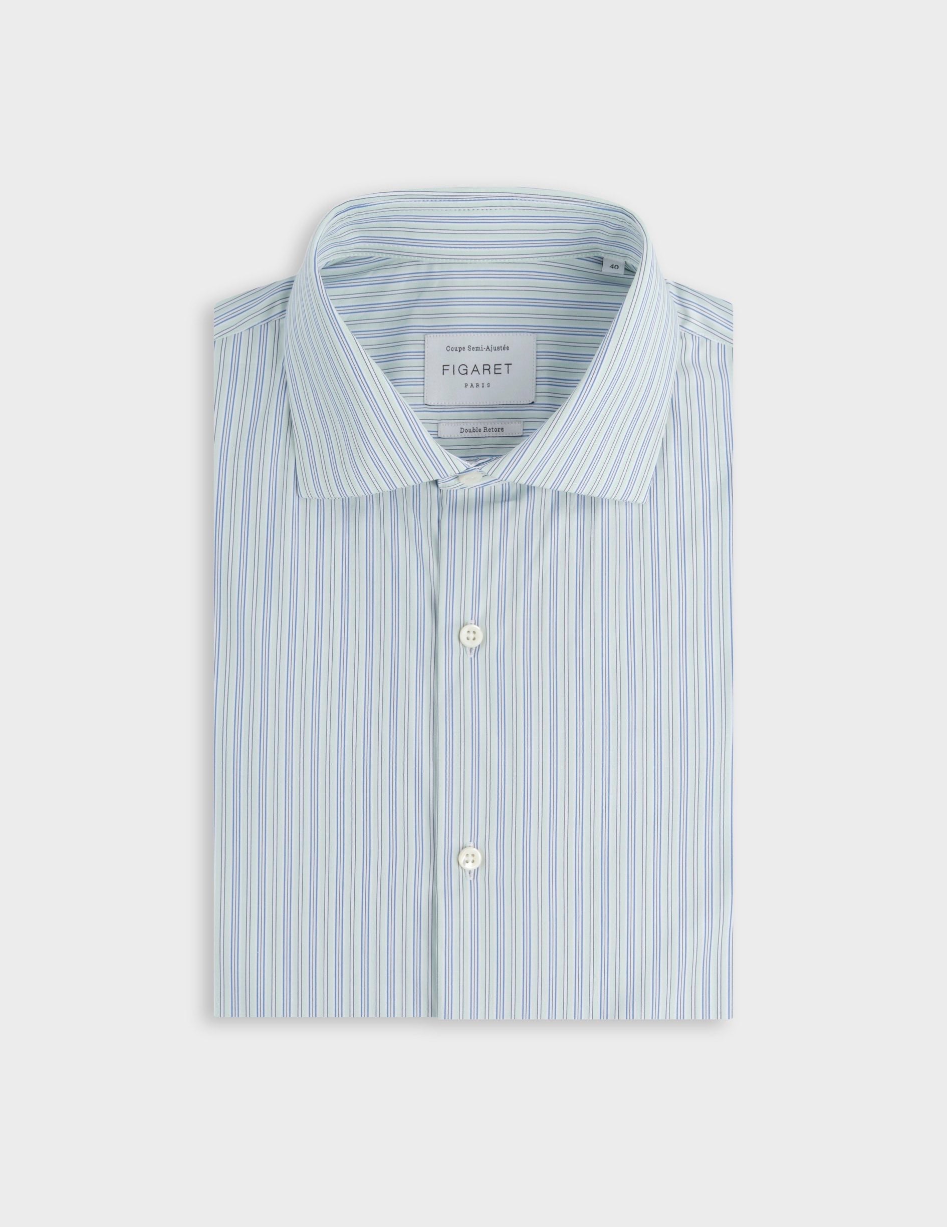 Chemise semi-ajustée rayée verte - Popeline - Col Italien