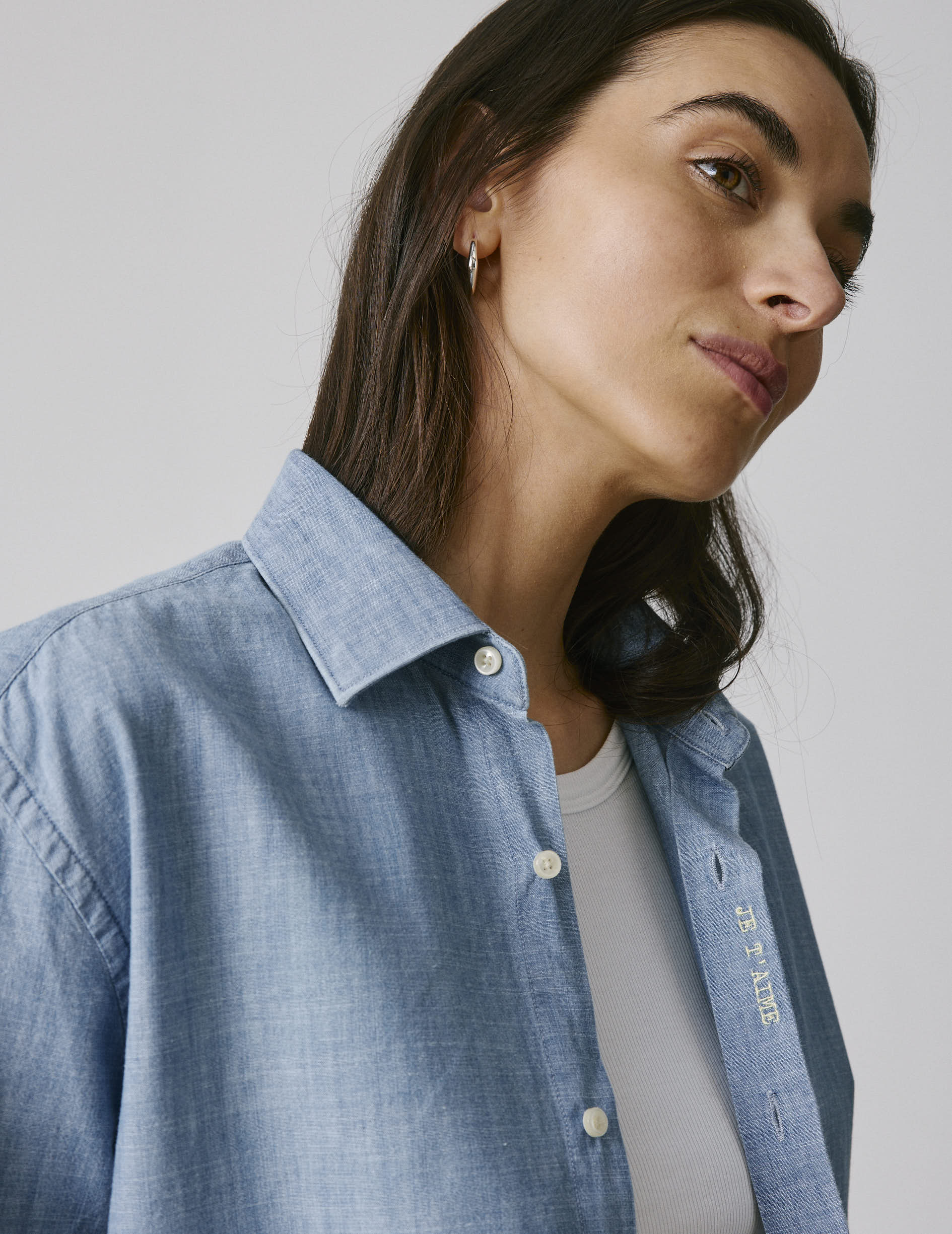 Chemise mixte "Je t'aime" bleue - Chambray - Col Figaret