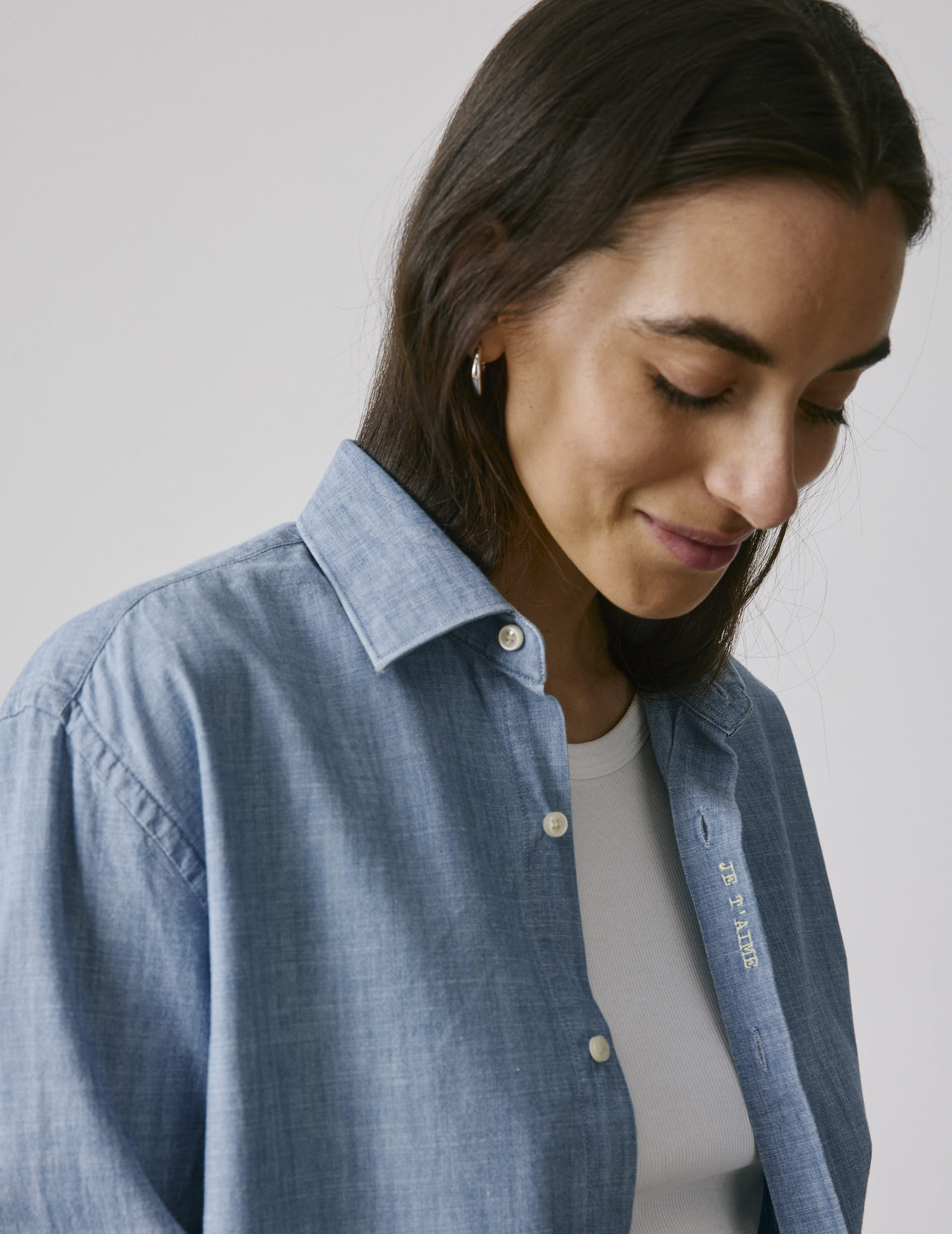 Chemise mixte "Je t'aime" bleue - Chambray - Col Figaret