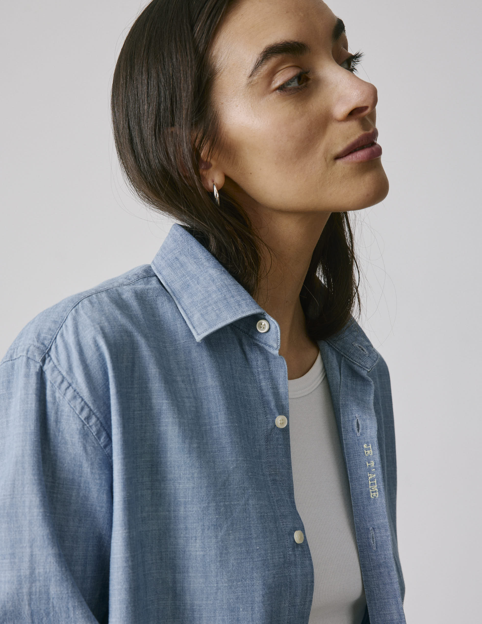 Chemise mixte "Je t'aime" bleue - Chambray - Col Figaret