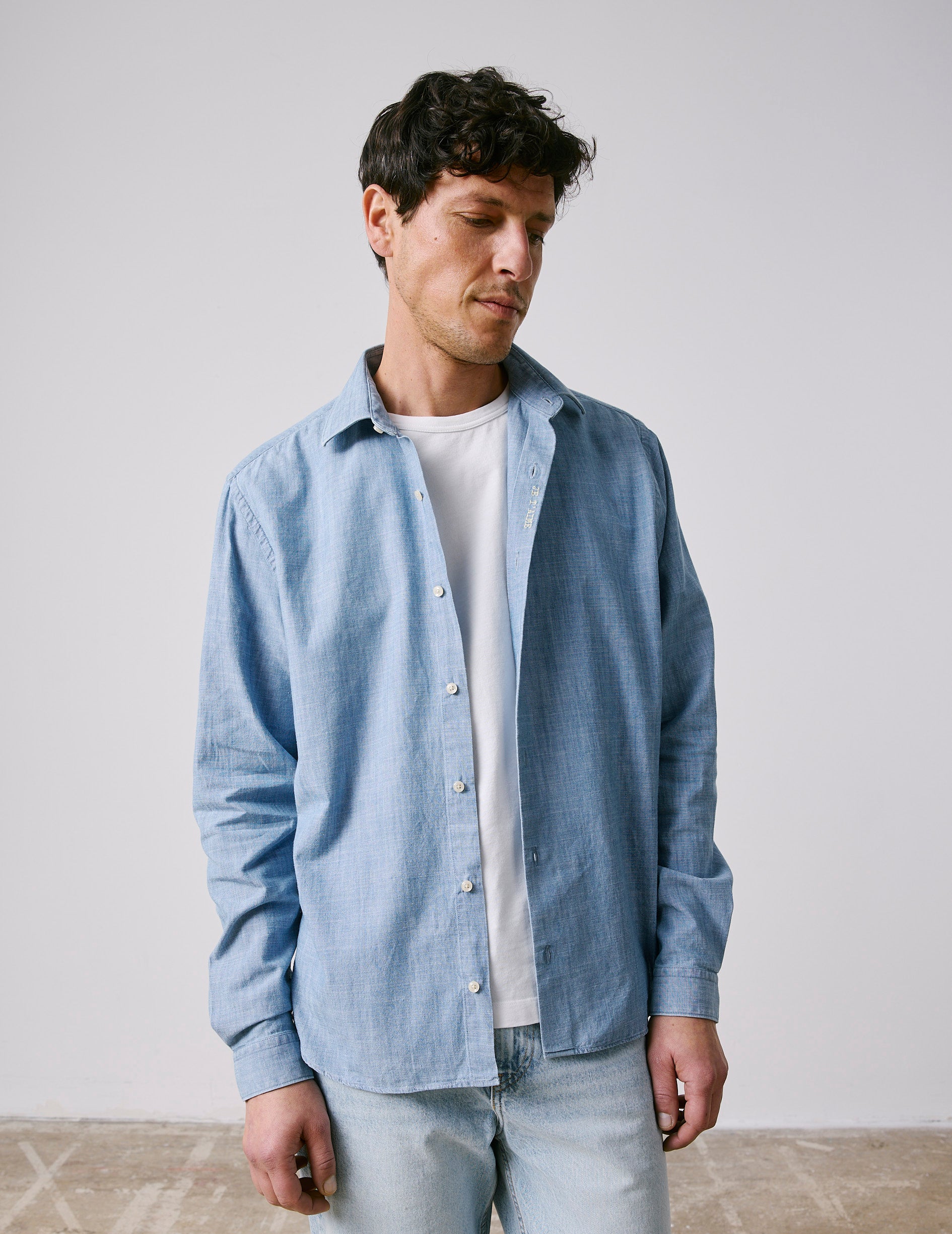 Chemise mixte "Je t'aime" bleue - Chambray - Col Figaret