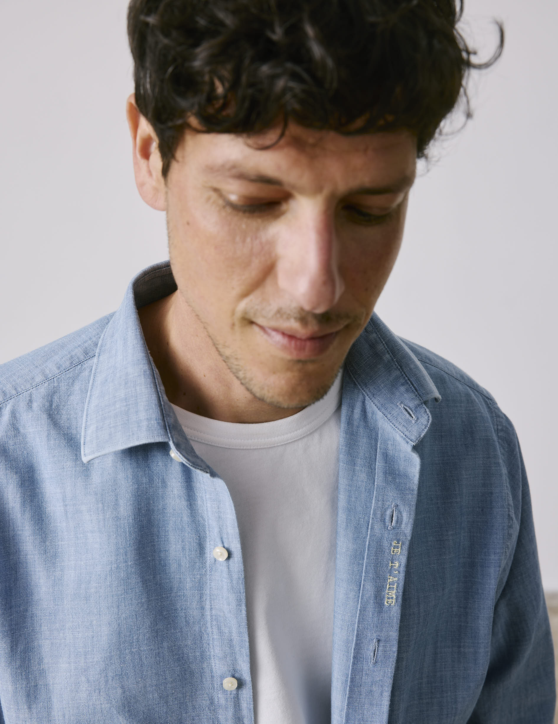 Chemise mixte "Je t'aime" bleue - Chambray - Col Figaret