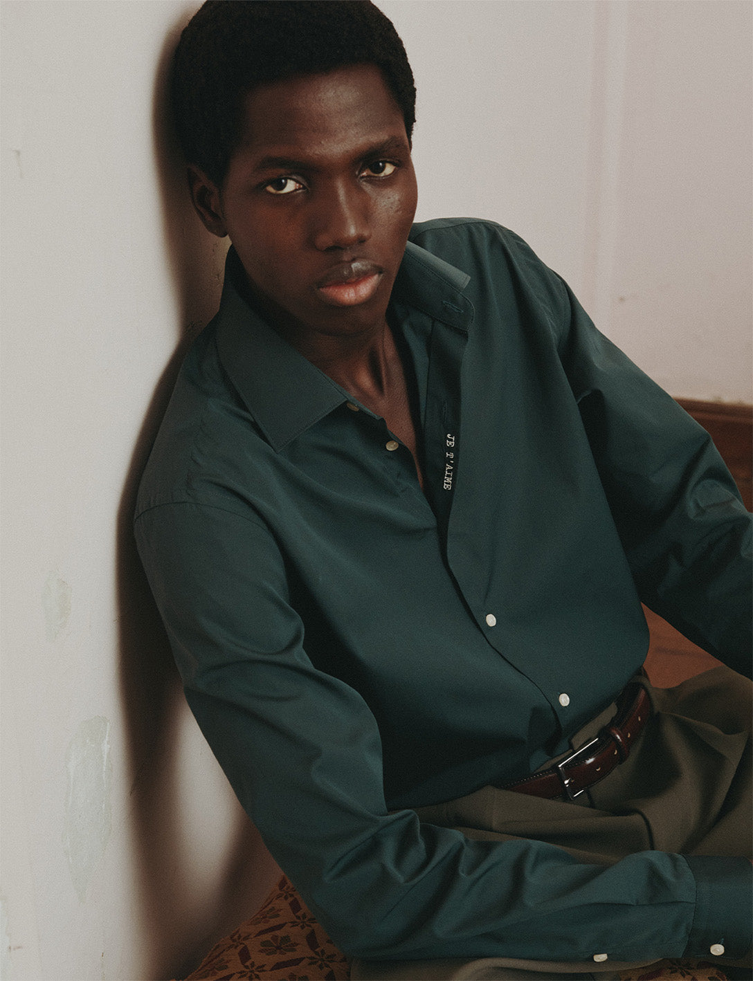 Chemise mixte "Je t'aime" verte foncée - Popeline - Col Figaret