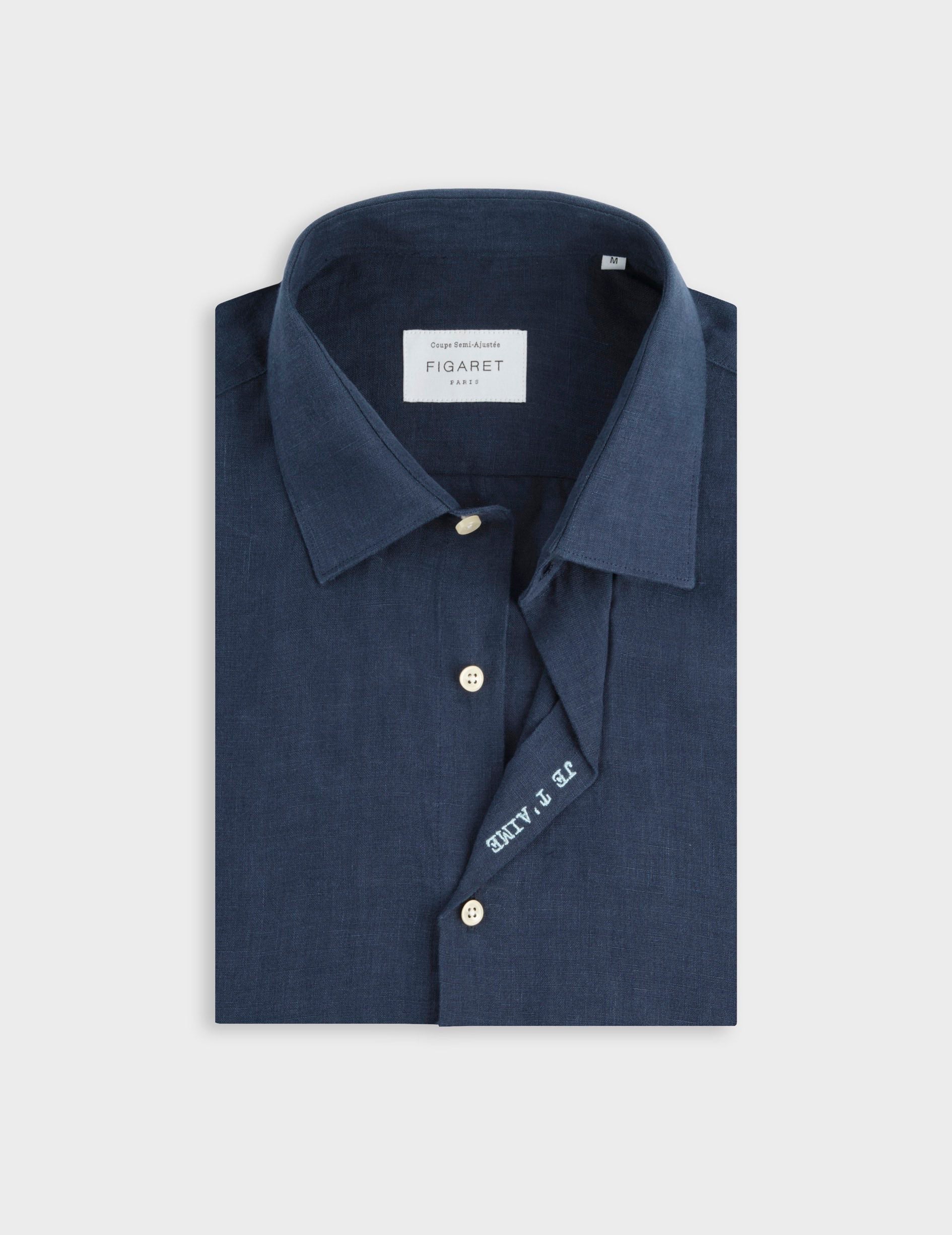 Chemise mixte "Je t'aime" en lin bleu marine - Lin - Col Figaret