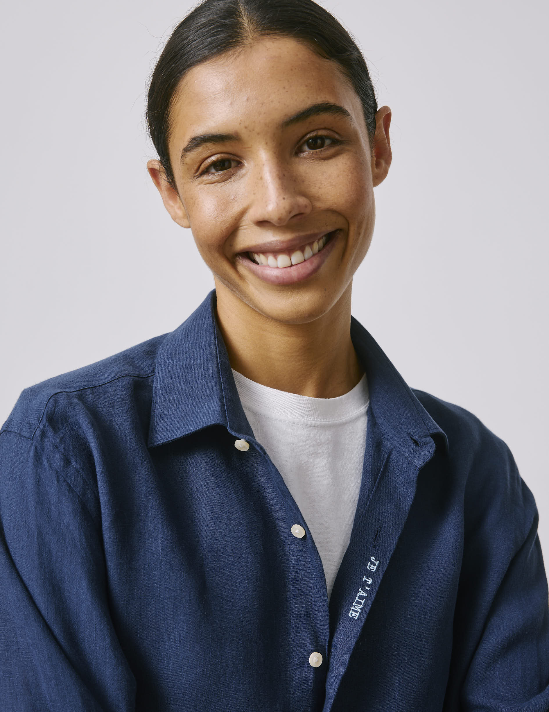 Chemise mixte "Je t'aime" en lin bleu marine - Lin - Col Figaret