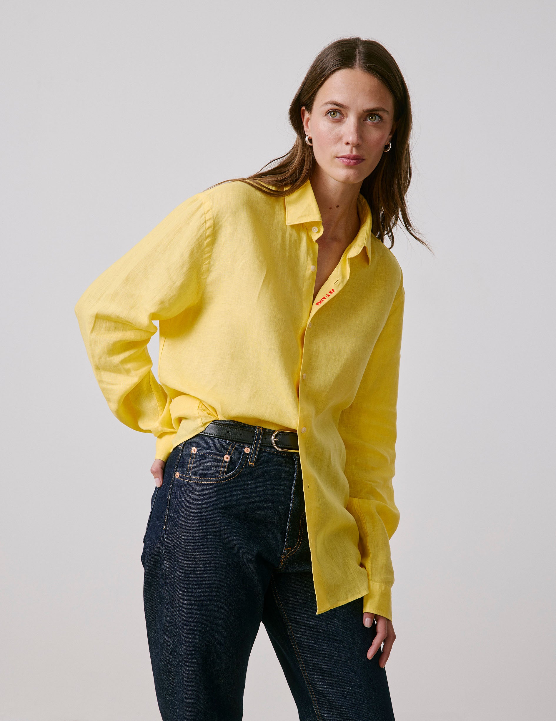 Chemise mixte "Je t'aime" en lin jaune - Lin - Col Figaret