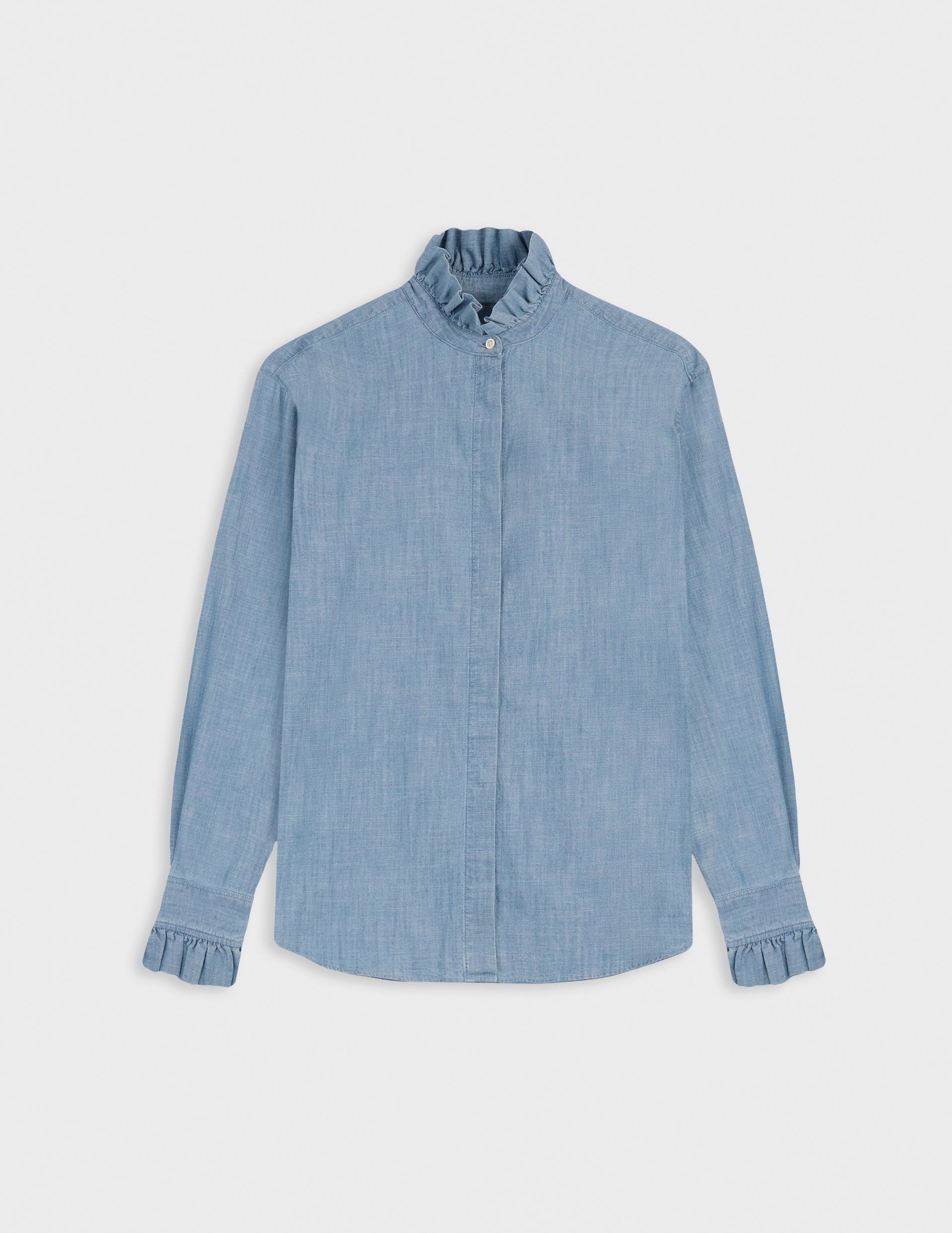 Chemise Laurine gorge cachée bleue - Chambray - Col Victorien