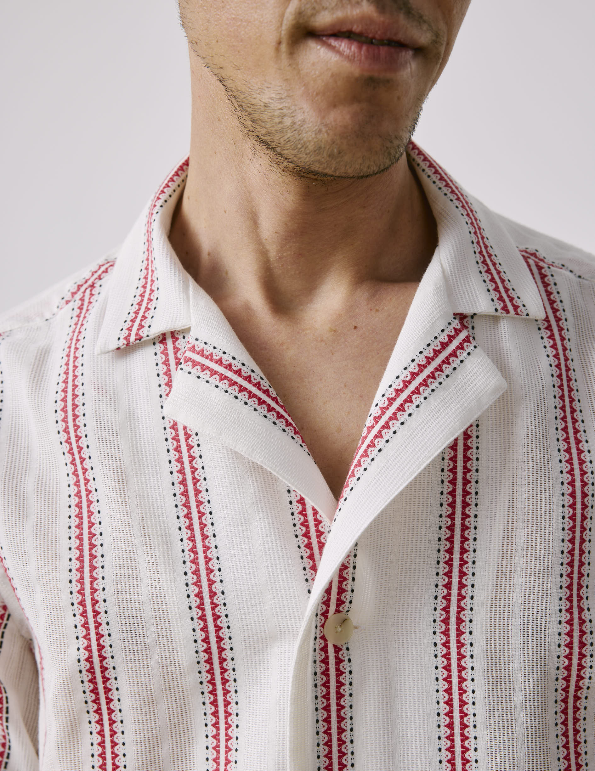 Short-sleeved striped burgundy Leandre shirt - cotton voile - Pyjamas Collar