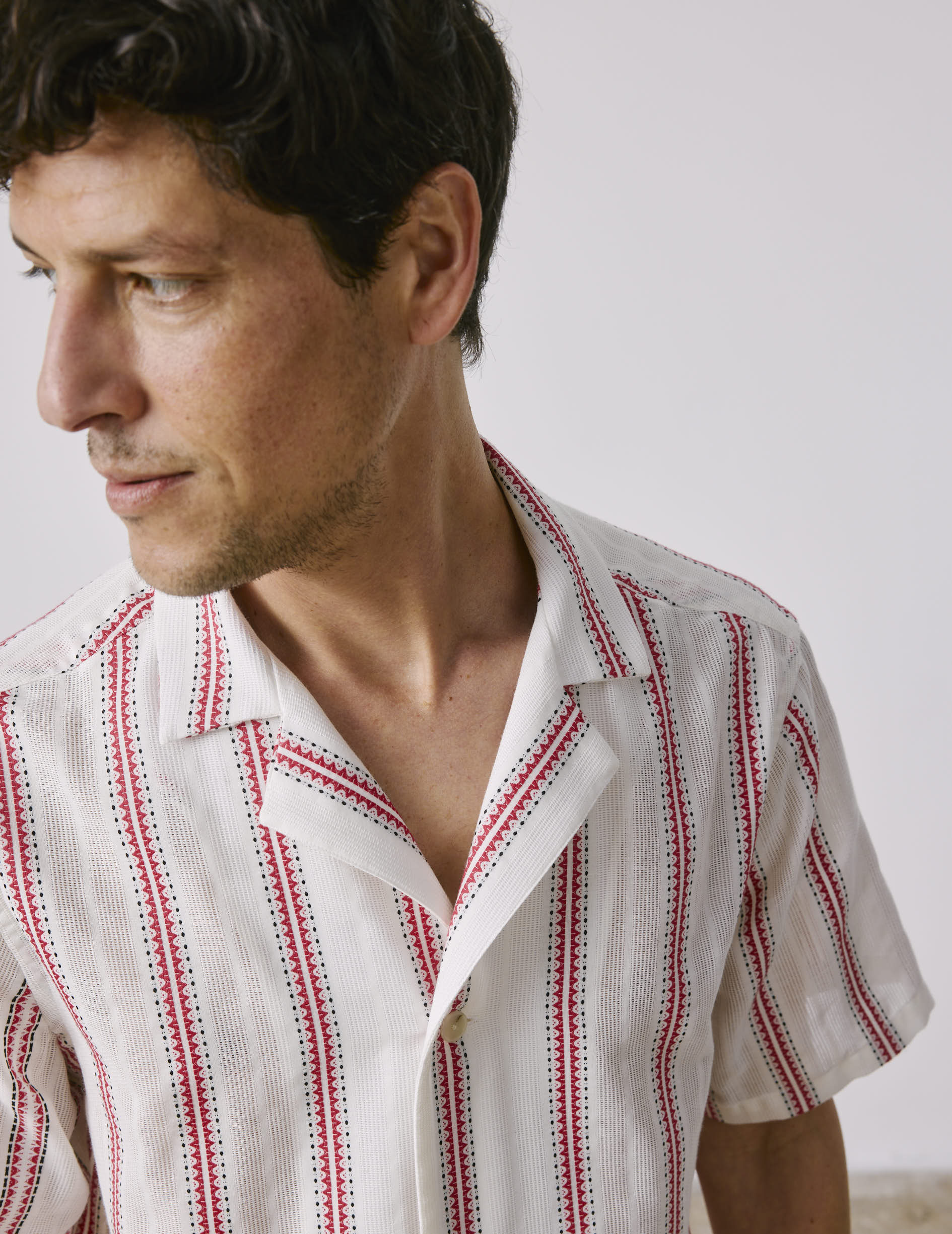 Short-sleeved striped burgundy Leandre shirt - cotton voile - Pyjamas Collar