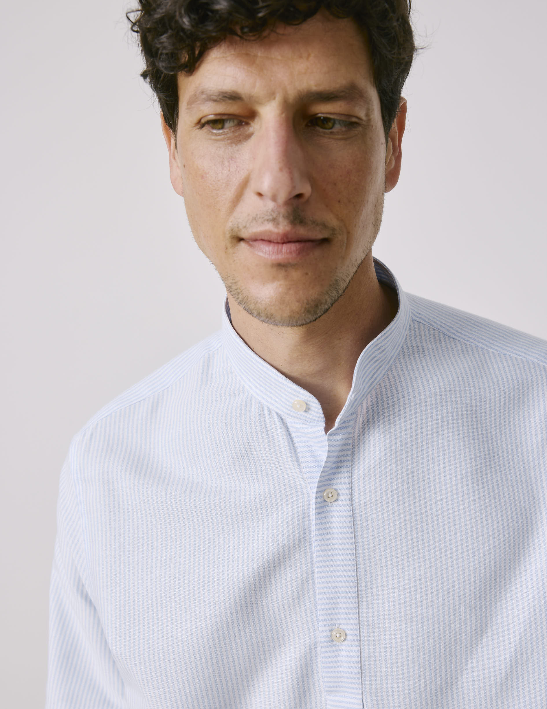 Logan Striped light blue popover shirt - Oxford - Officier Collar