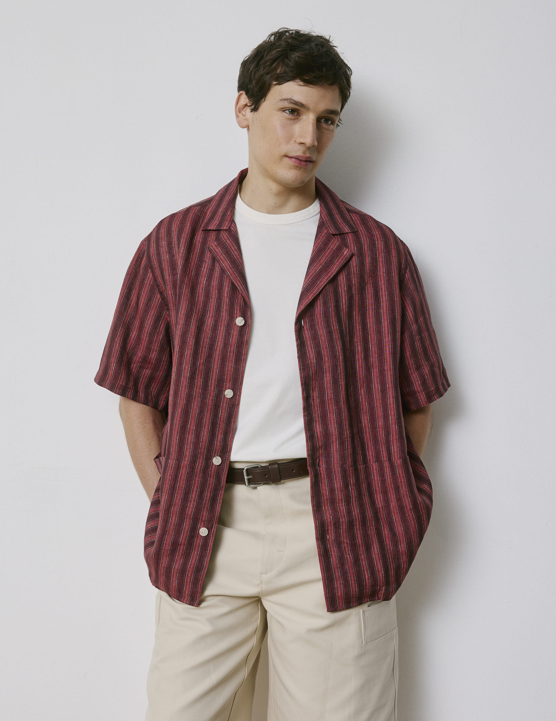 Chemise Lois manches courtes en lin rayé bordeaux - Lin - Col Pyjama