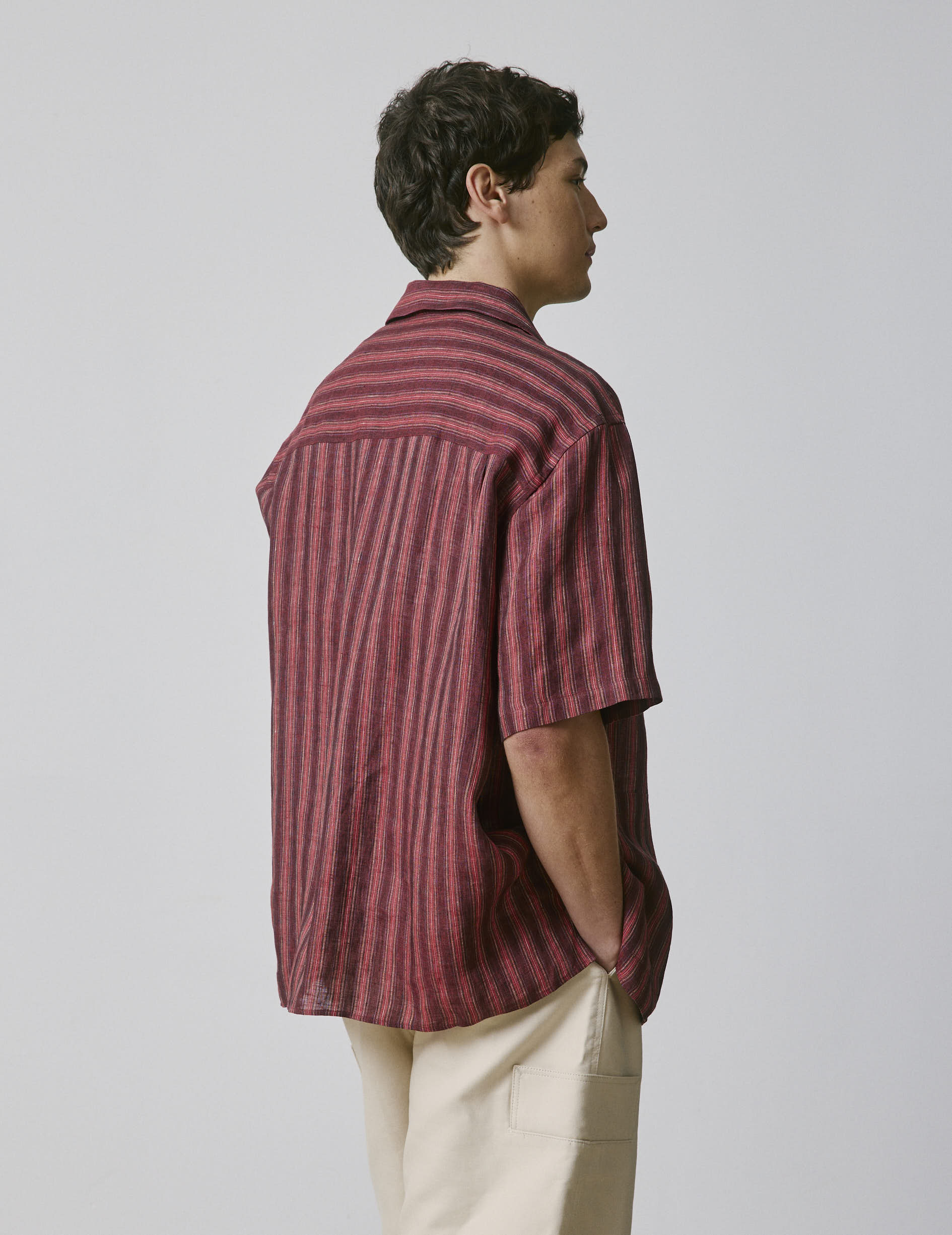 Chemise Lois manches courtes en lin rayé bordeaux - Lin - Col Pyjama