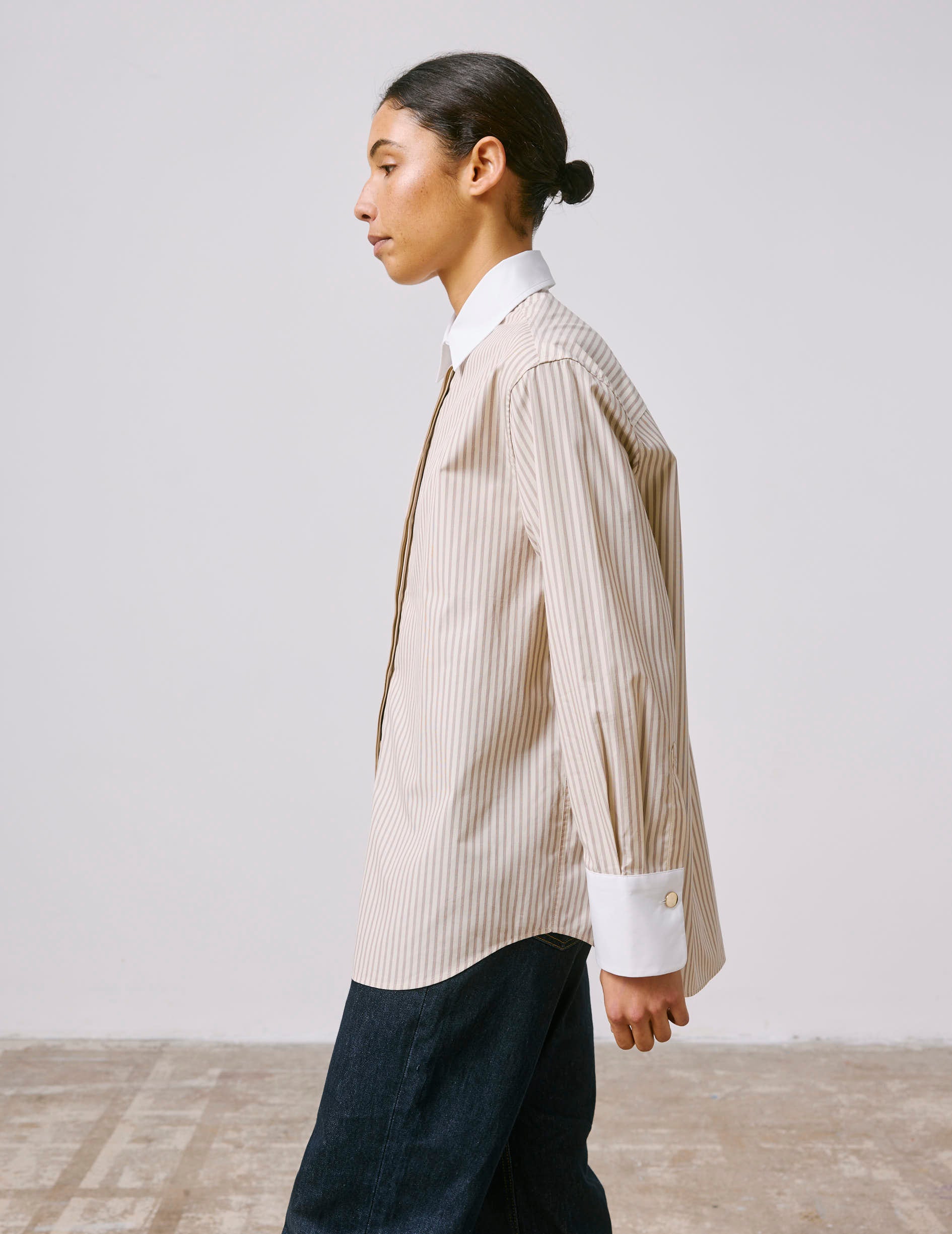 Chemise Mathéa gorge cachée rayée beige - Popeline - Col Chemise