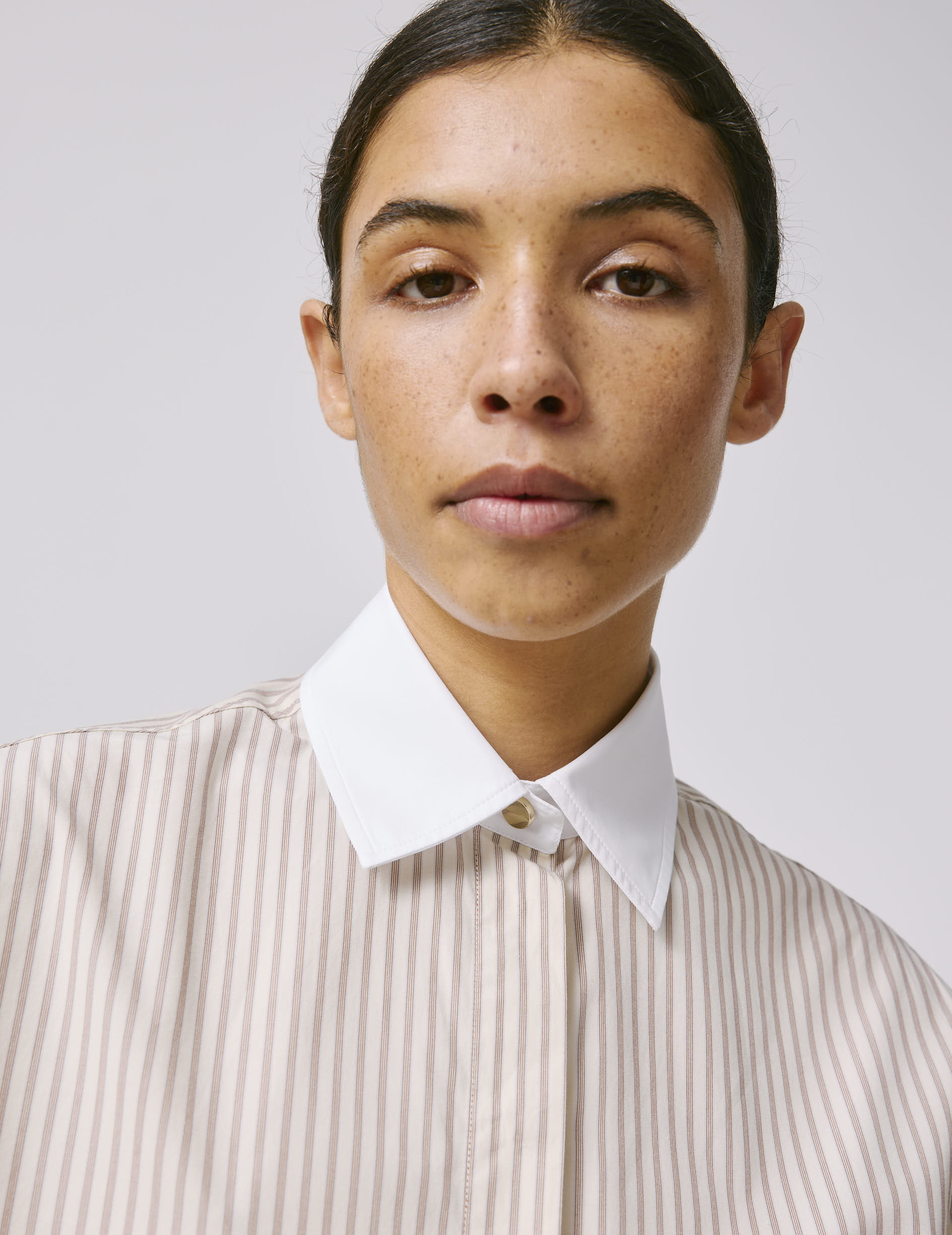 Chemise Mathéa gorge cachée rayée beige - Popeline - Col Chemise