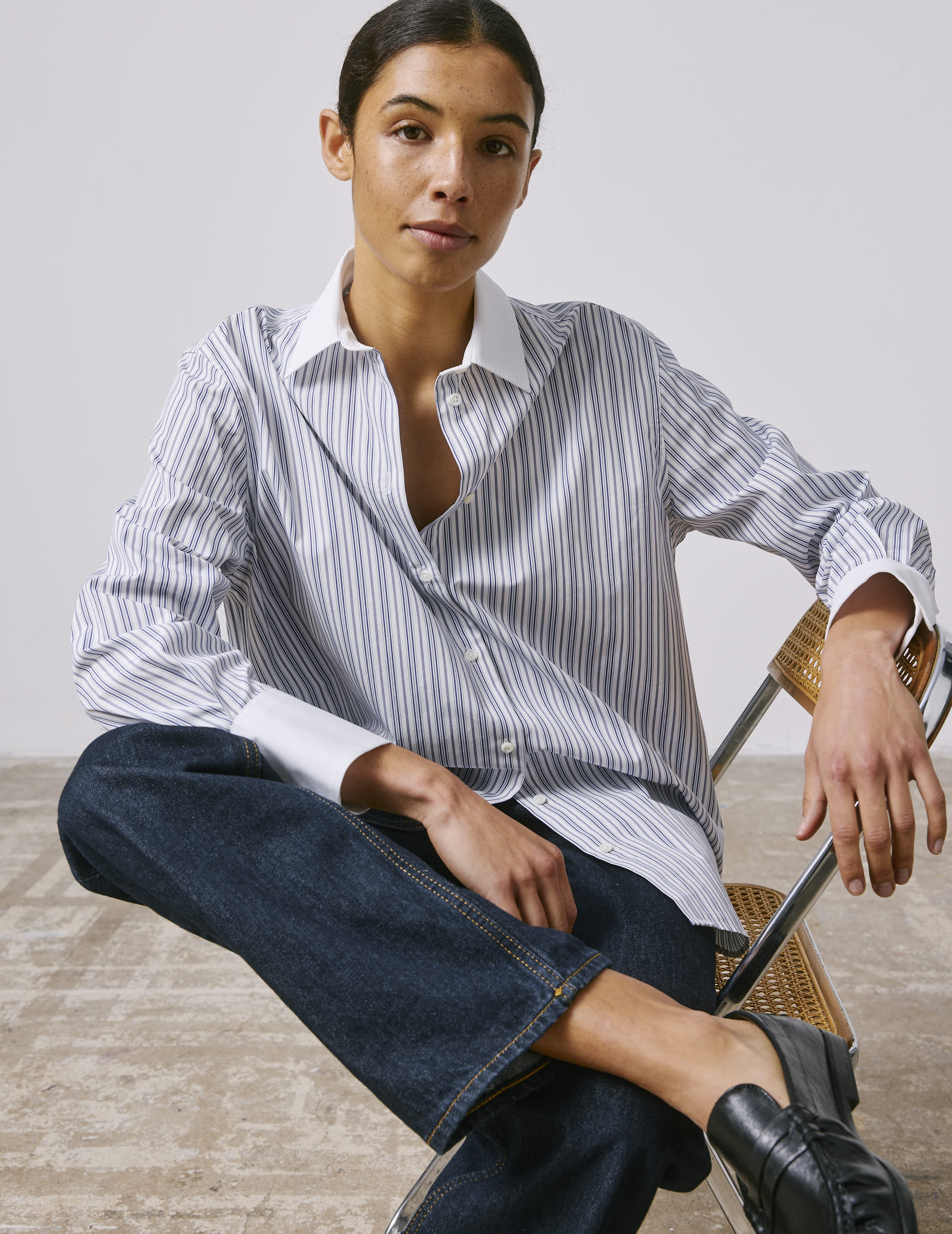 Chemise oversize Mathilde rayée bleue - Popeline - Col Chemise