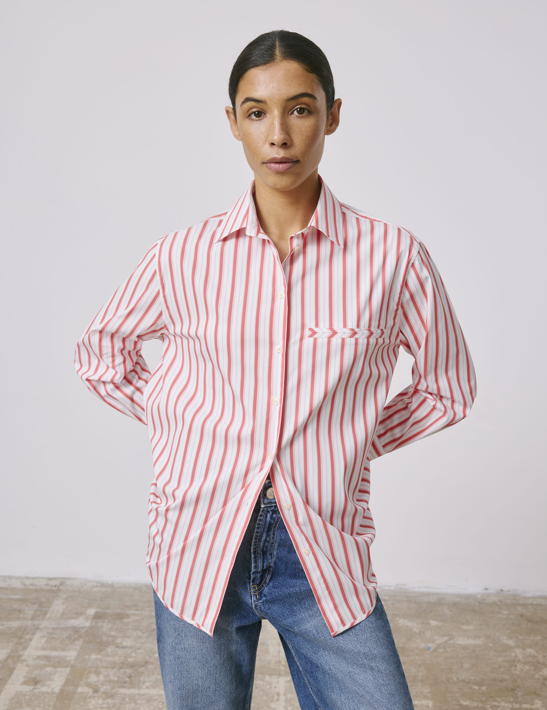 Chemise Nesrine rayée corail - Popeline - Col Chemise