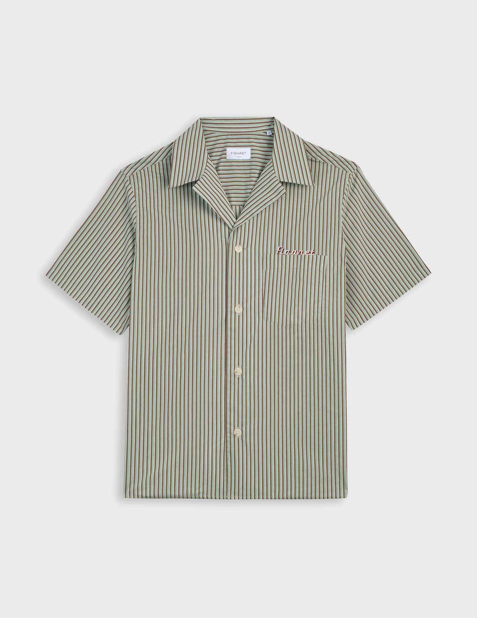 Short-sleeved striped khaki Noah shirt - Voile de coton - Requin Collar