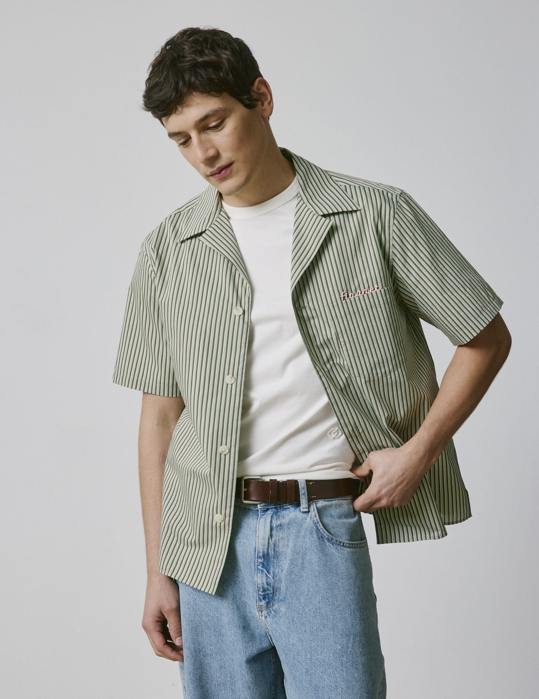 Short-sleeved striped khaki Noah shirt - Voile de coton - Requin Collar