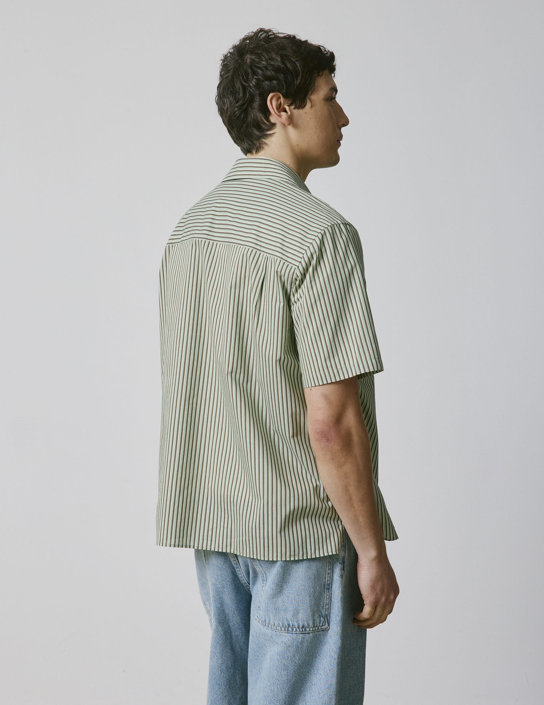Short-sleeved striped khaki Noah shirt - Voile de coton - Requin Collar