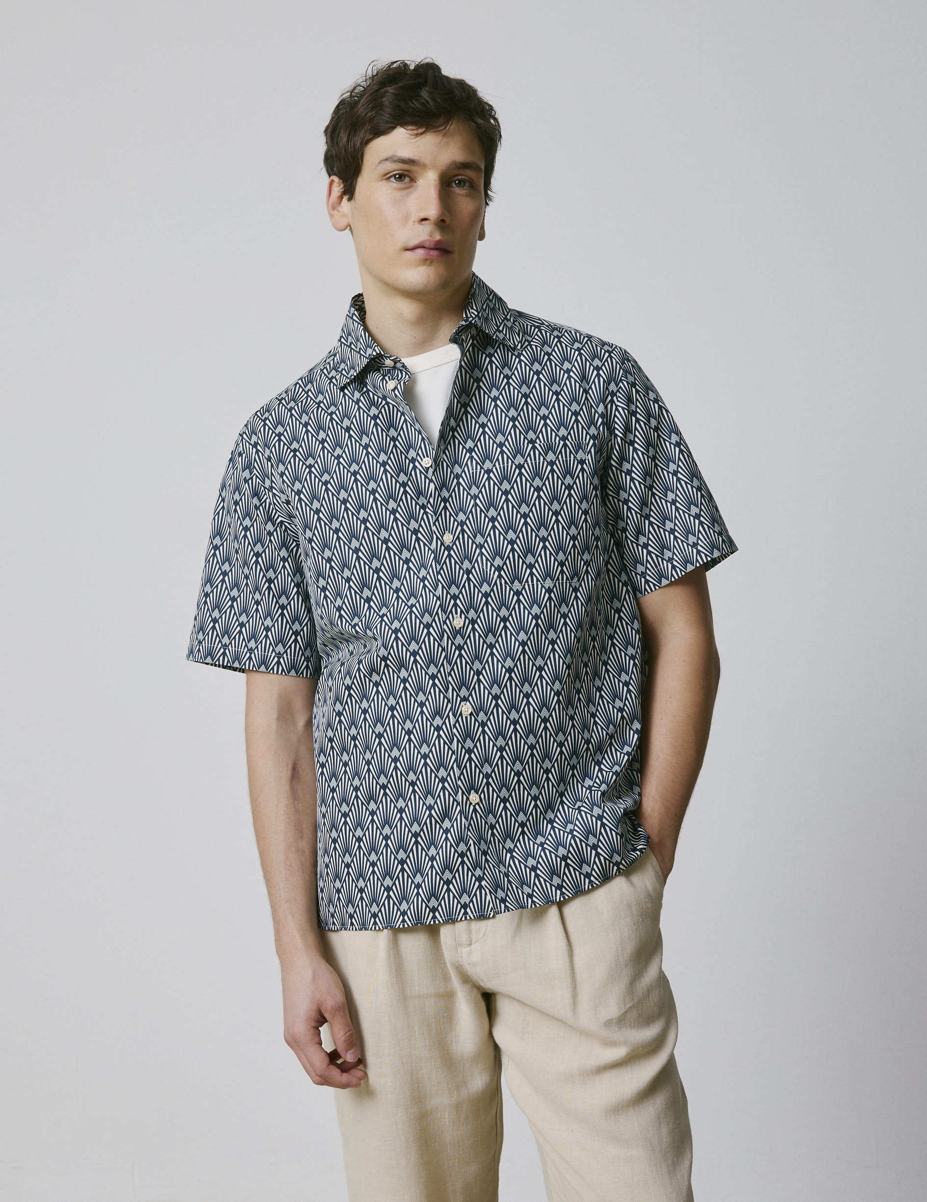 Chemise Nolhann manches courtes imprimée bleue - Popeline - Col Français