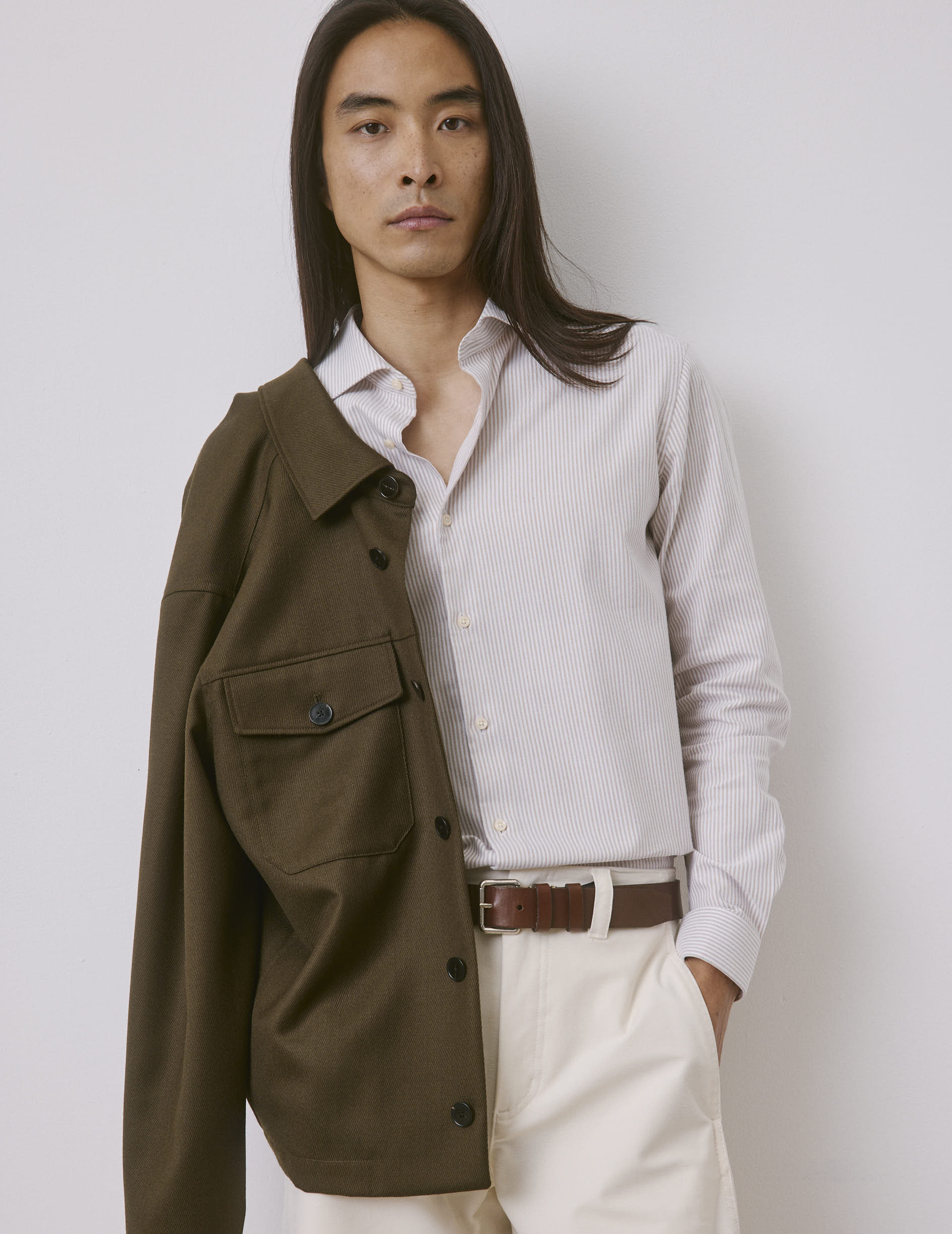Chemise Aristote rayée beige - Oxford - Col Italien