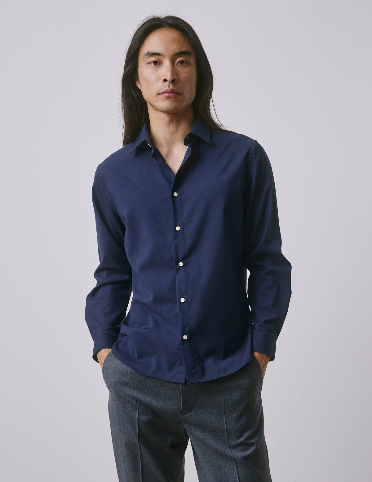 Chemise Auguste en laine vierge bleu marine - Laine - Col Français
