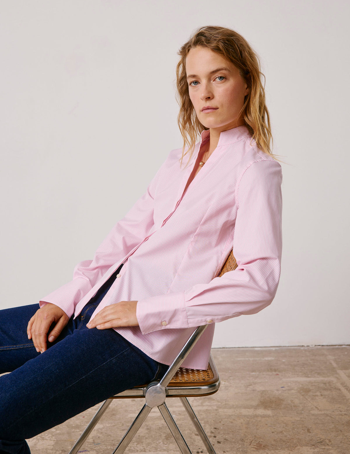 Chemise Carlita rayée rose - Popeline - Col Droit ouvert
