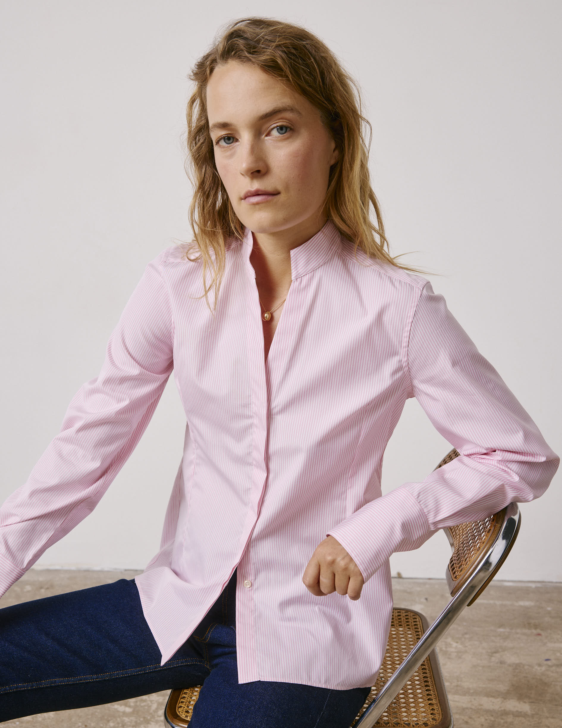 Chemise Carlita rayée rose - Popeline - Col Droit ouvert