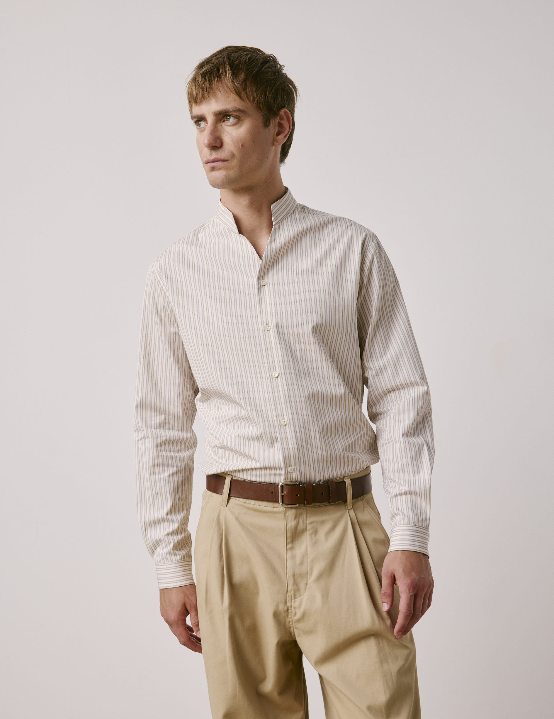 Chemise Carl rayée beige - Popeline - Col Carl