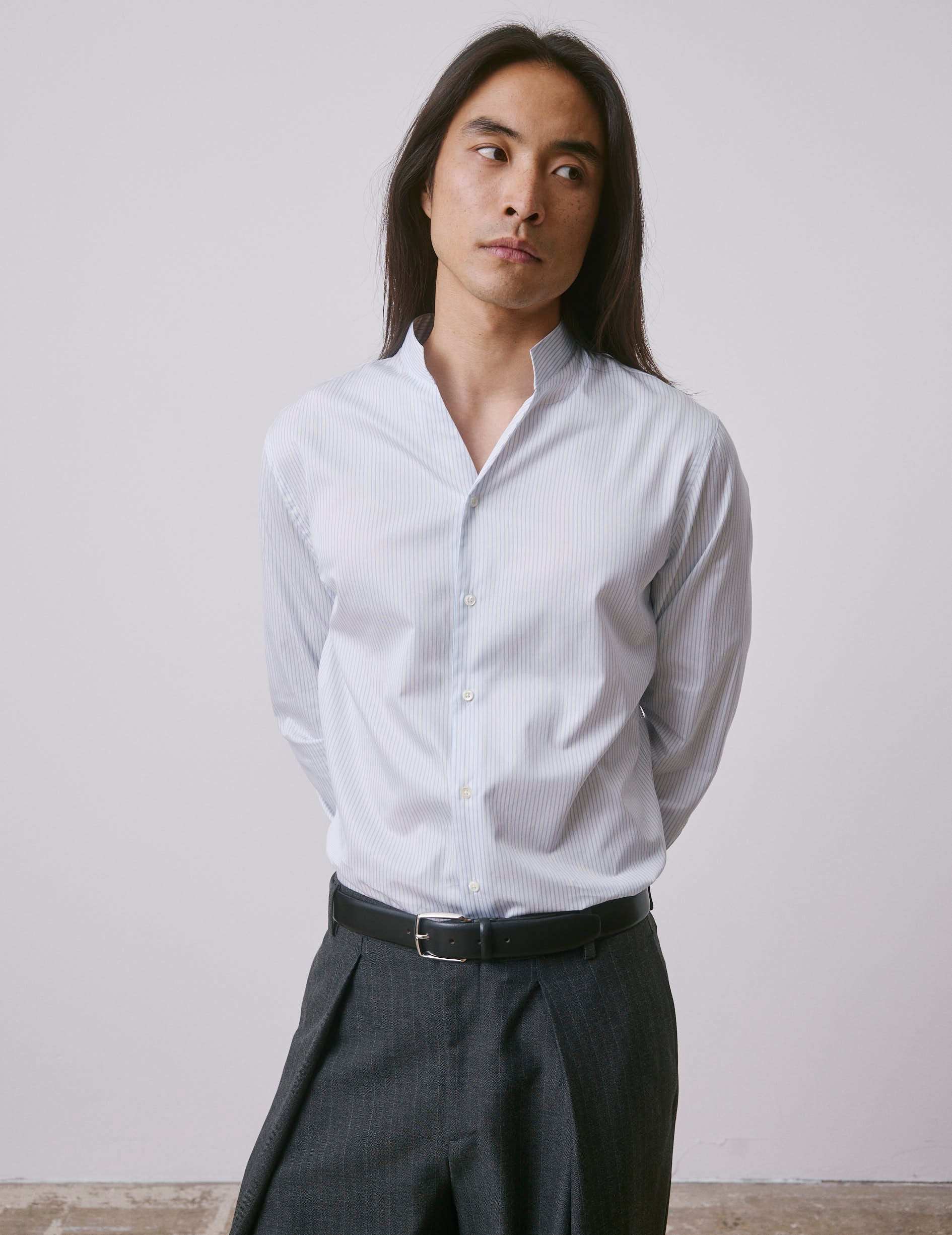 Chemise Carl rayée bleu clair - Twill - Col Carl