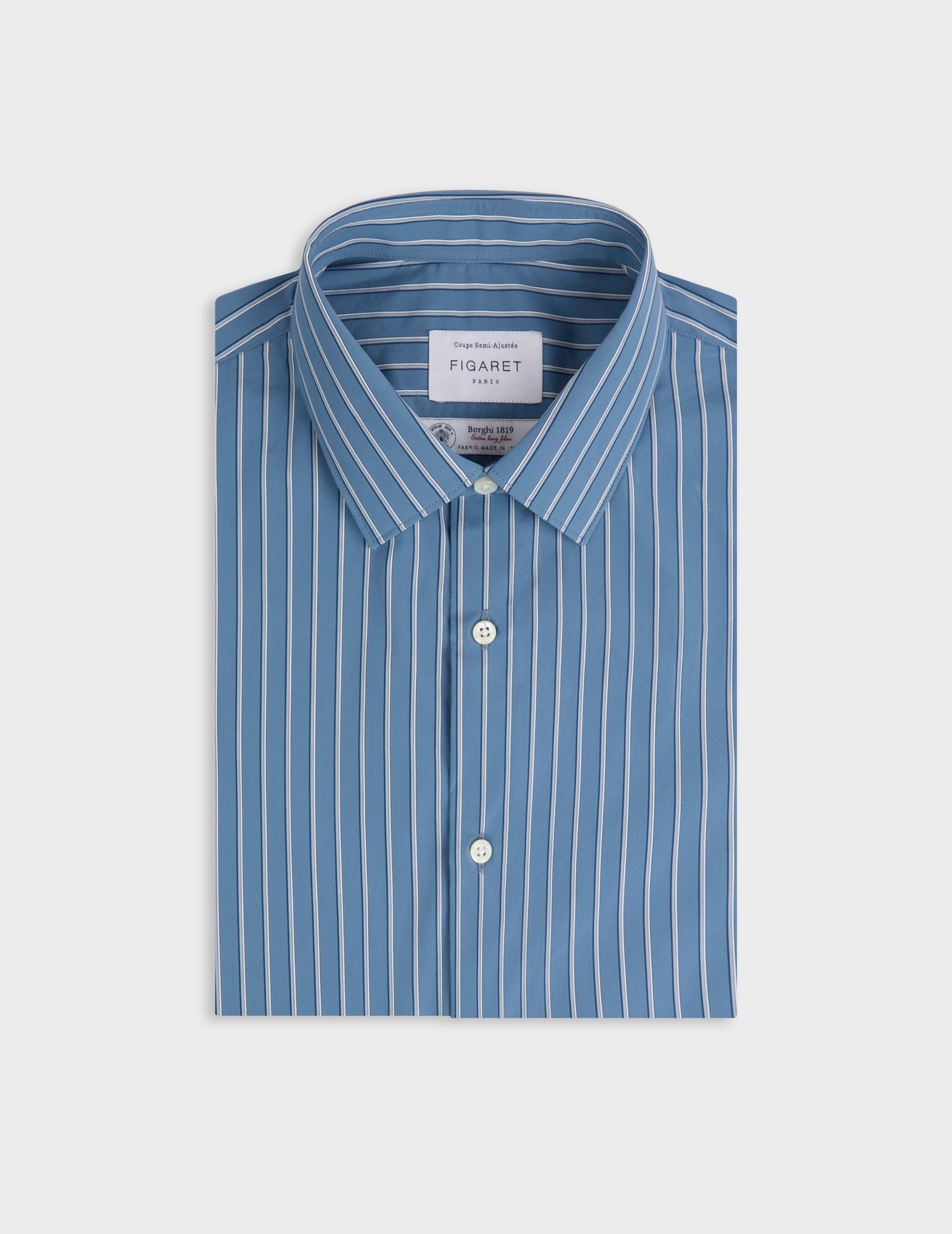 Chemise semi-ajustée rayée bleue - Popeline - Col Figaret