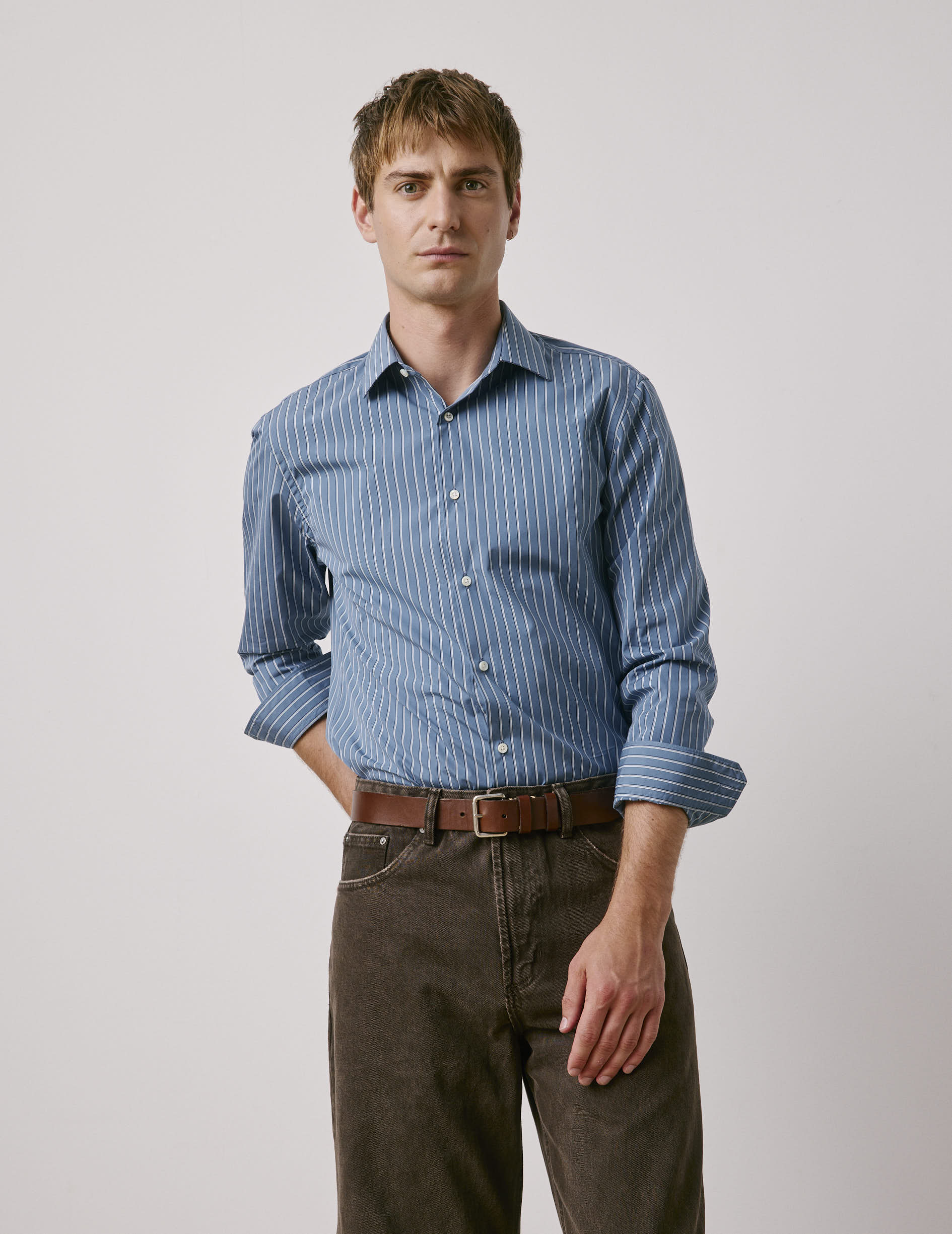 Chemise semi-ajustée rayée bleue - Popeline - Col Figaret